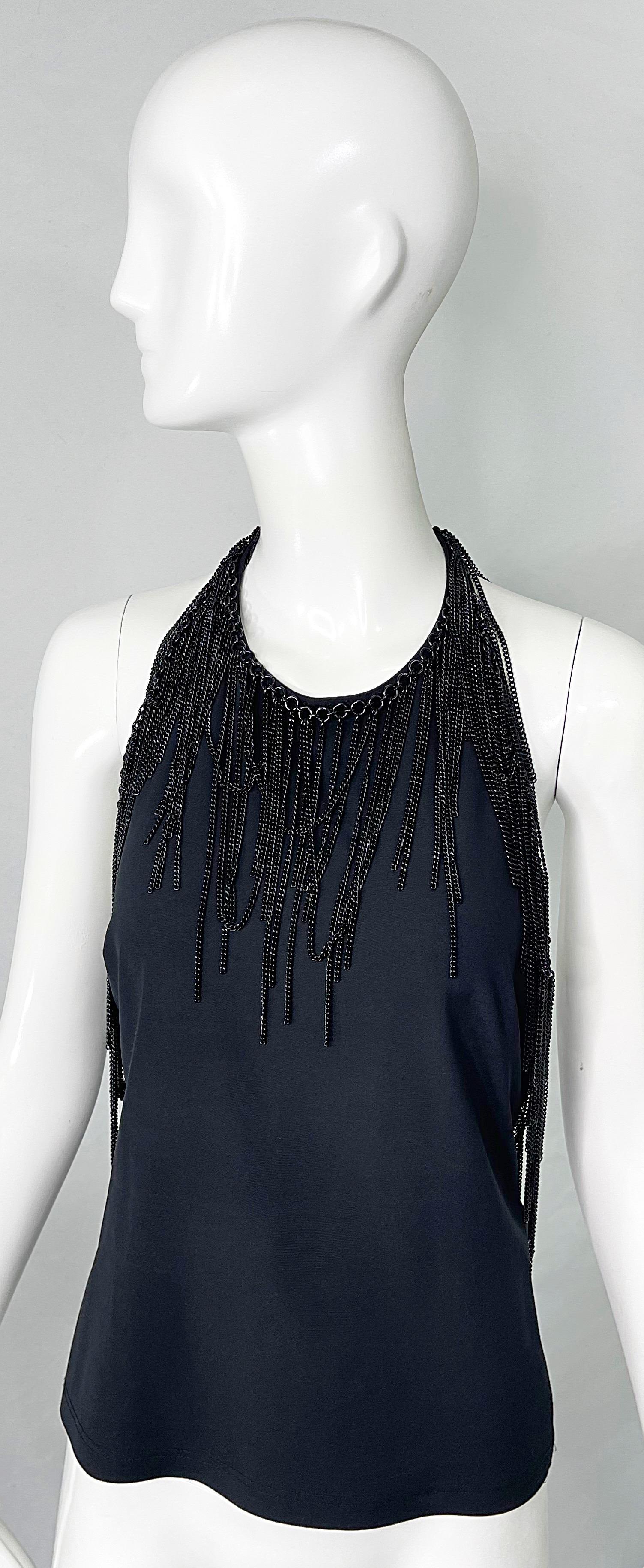 New VERSACE F/W 2005 black silk and elastane chain encrusted halter top ! Gunmetal chains around the neck. Simply slips over the head and stretches to fit. Adjustable 
hook-and-eye closure at back center neck. Can easily be dressed up or down. Pair