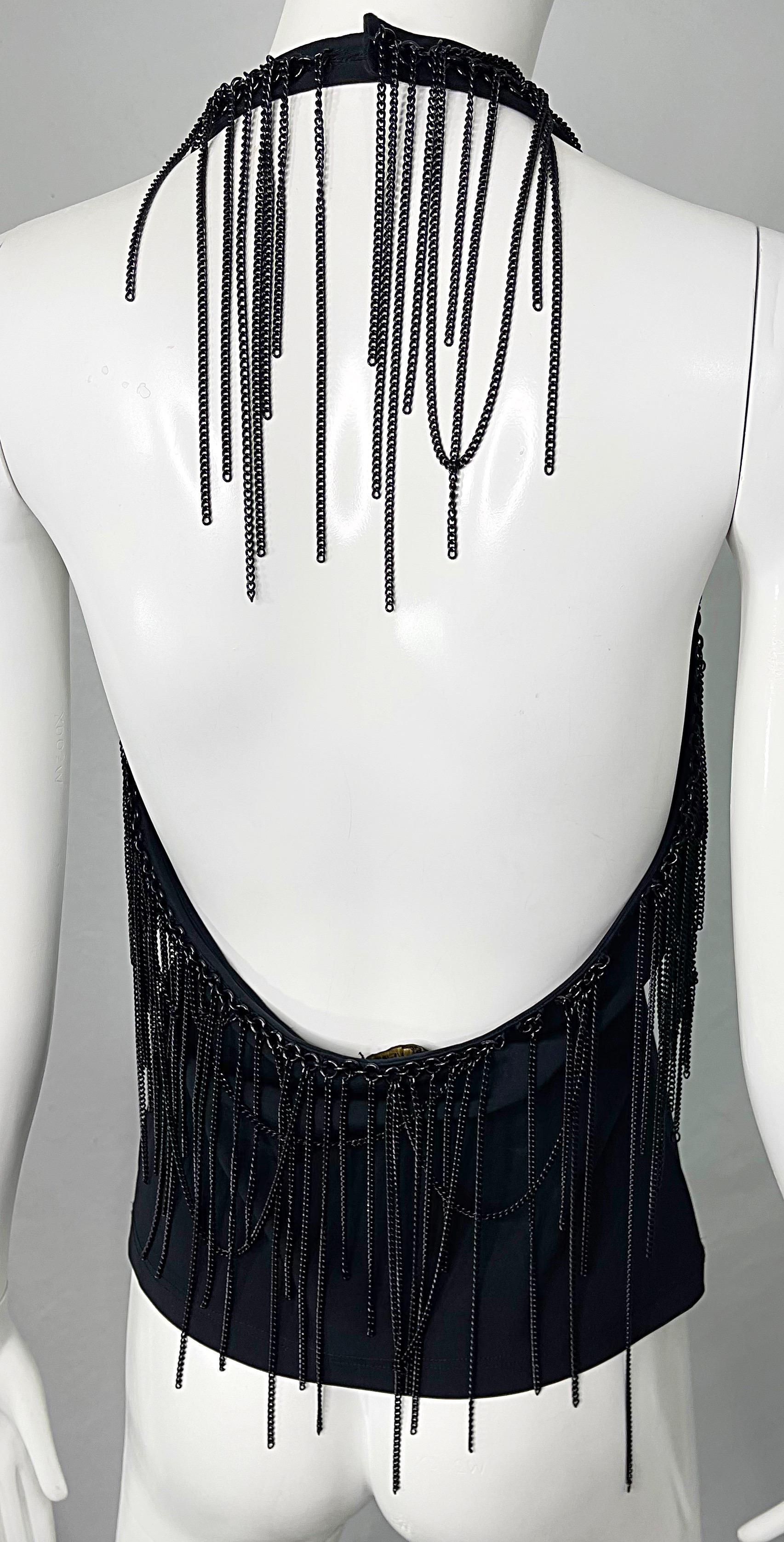 Gianni Versace 2000s Size 44 / 8 10 Black Chain Encrusted Y2K Halter Top Shirt  For Sale 1
