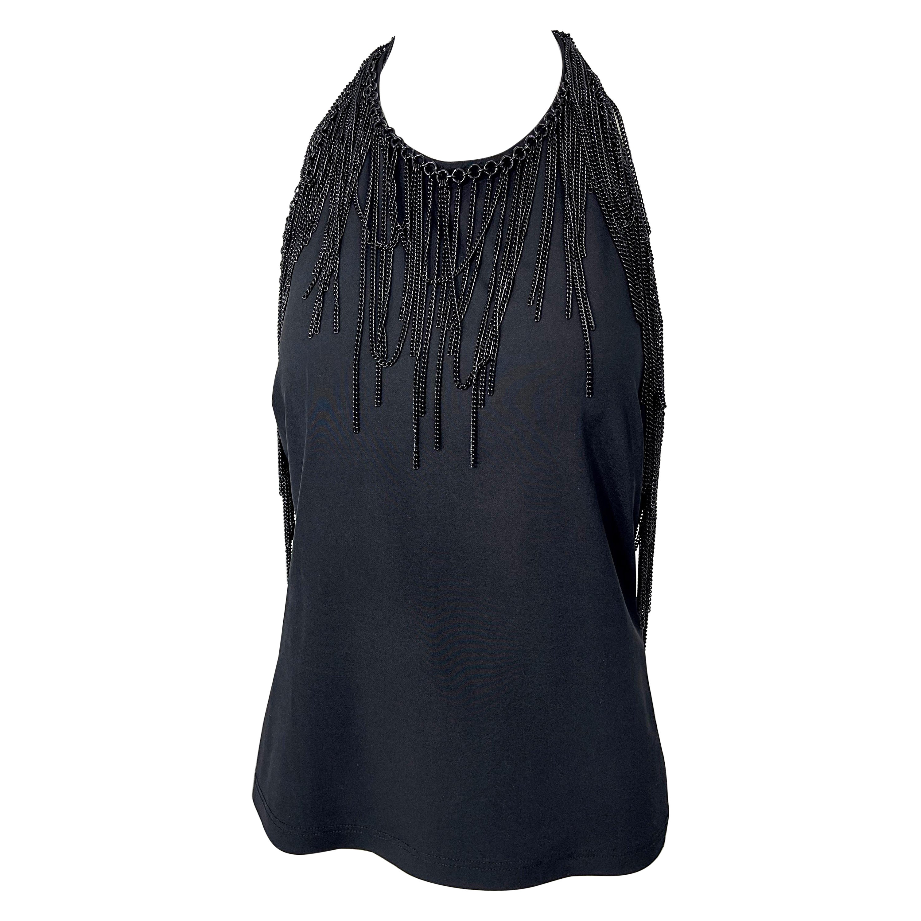 Gianni Versace 2000s Size 44 / 8 10 Black Chain Encrusted Y2K Halter Top Shirt
