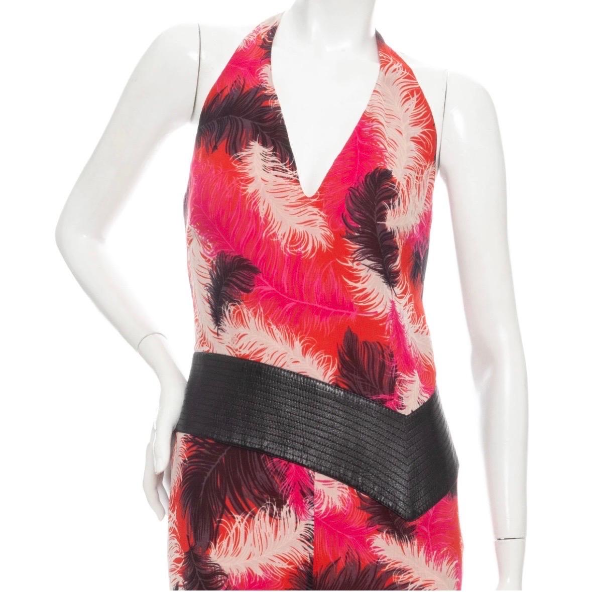 Women's Gianni Versace 2001 Pink Silk-Blend Feather Print Halter Dress For Sale