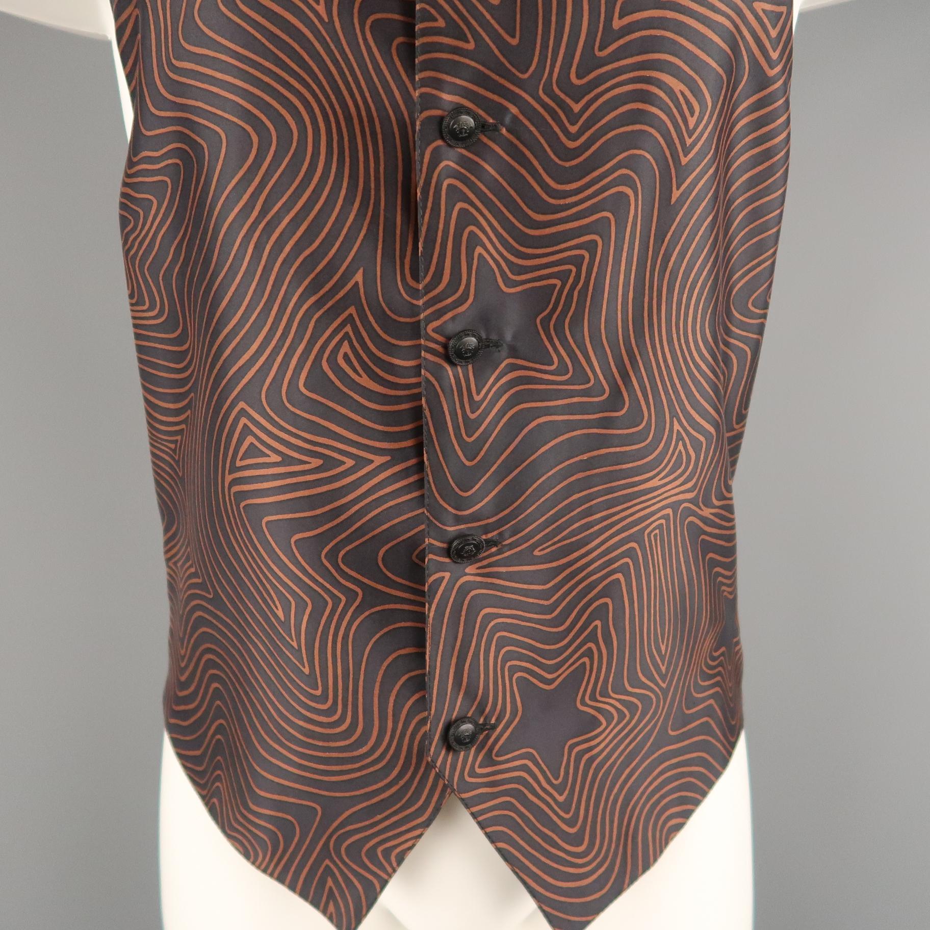 Men's GIANNI VERSACE 38 Size S Black and Brown Star Print Silk V Neck Vest