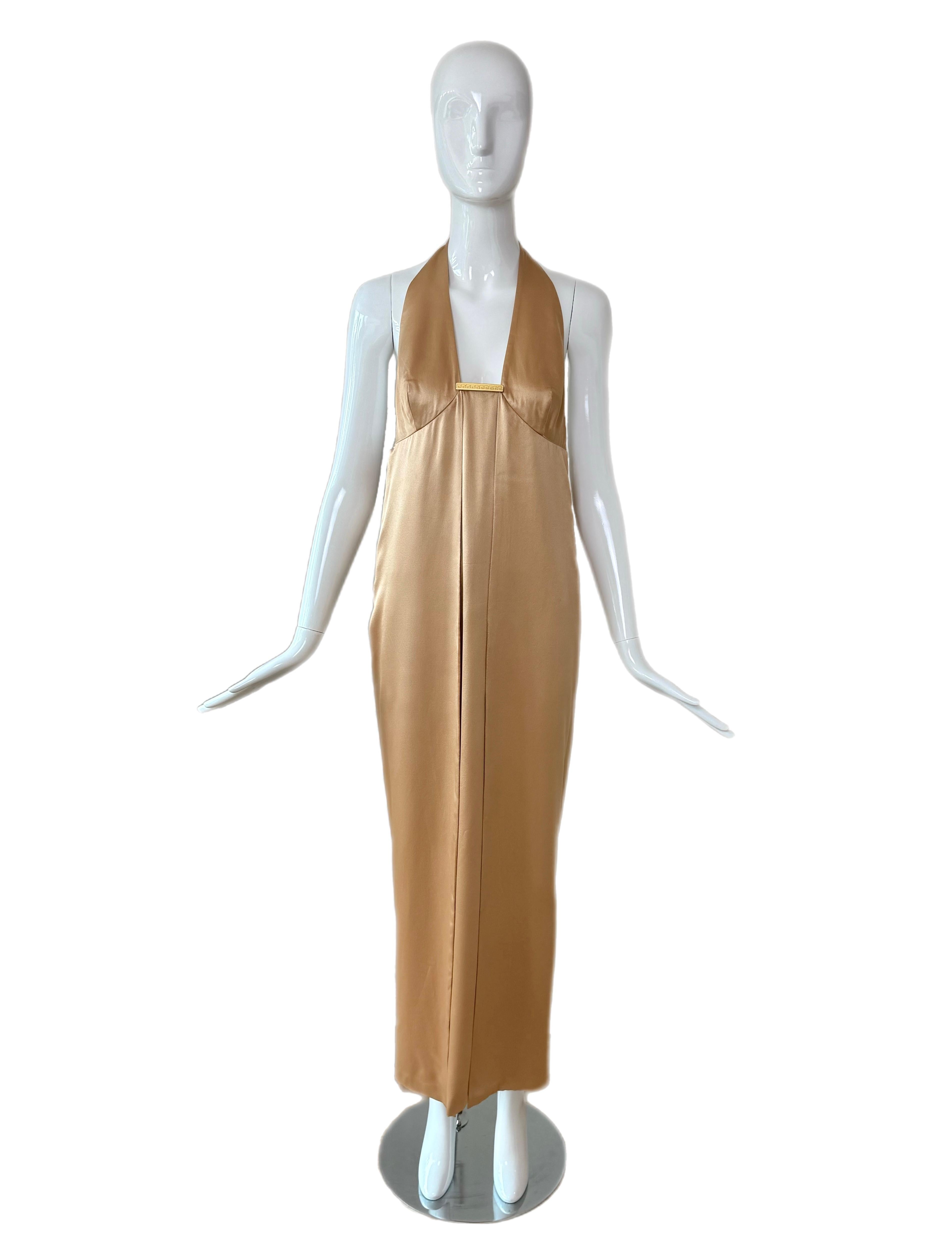GIANNI VERSACE 90's Vintage Seide Champagner Gold Abendkleid Maxikleid 2 Schlitze (Braun) im Angebot