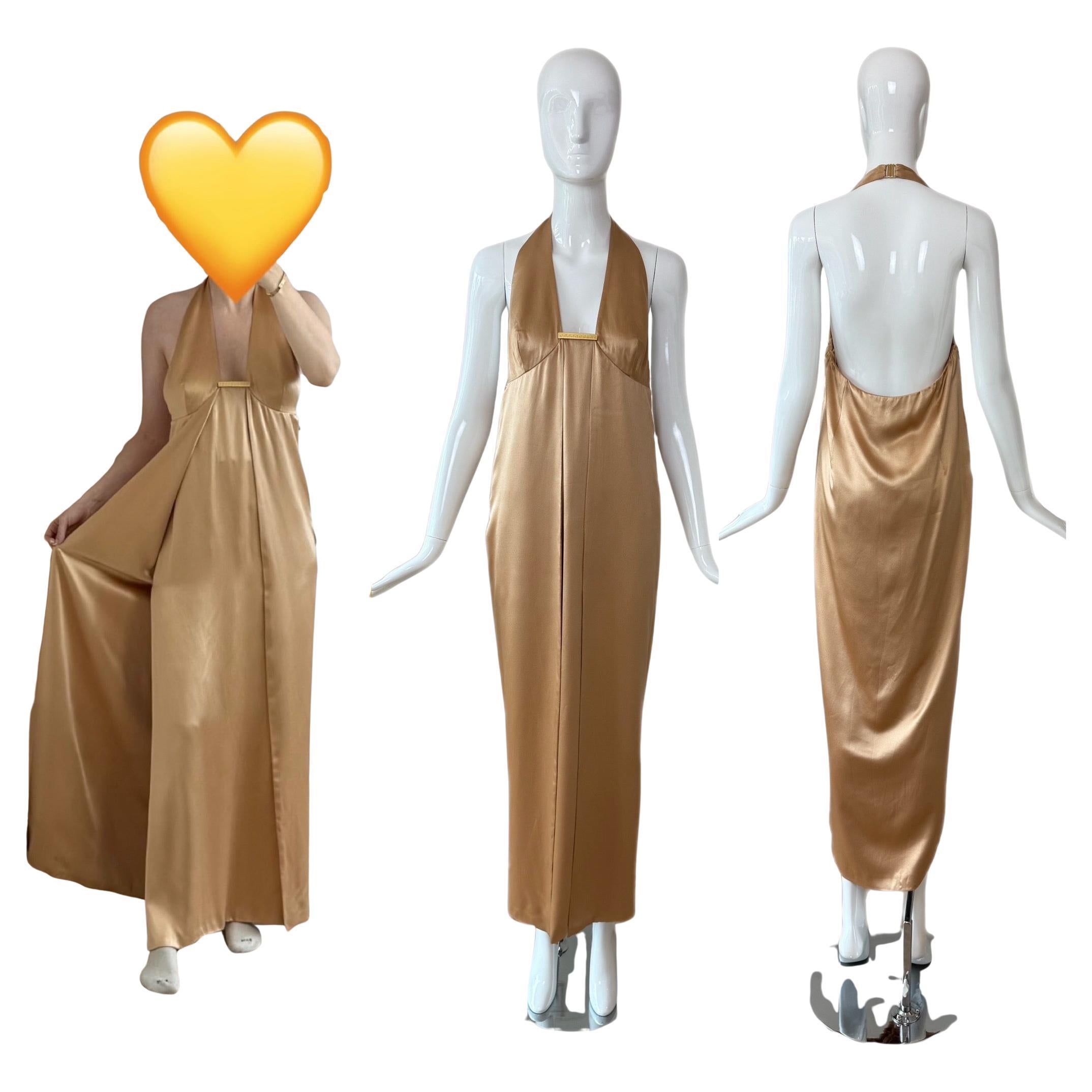 GIANNI VERSACE 90's Vintage Seide Champagner Gold Abendkleid Maxikleid 2 Schlitze im Angebot