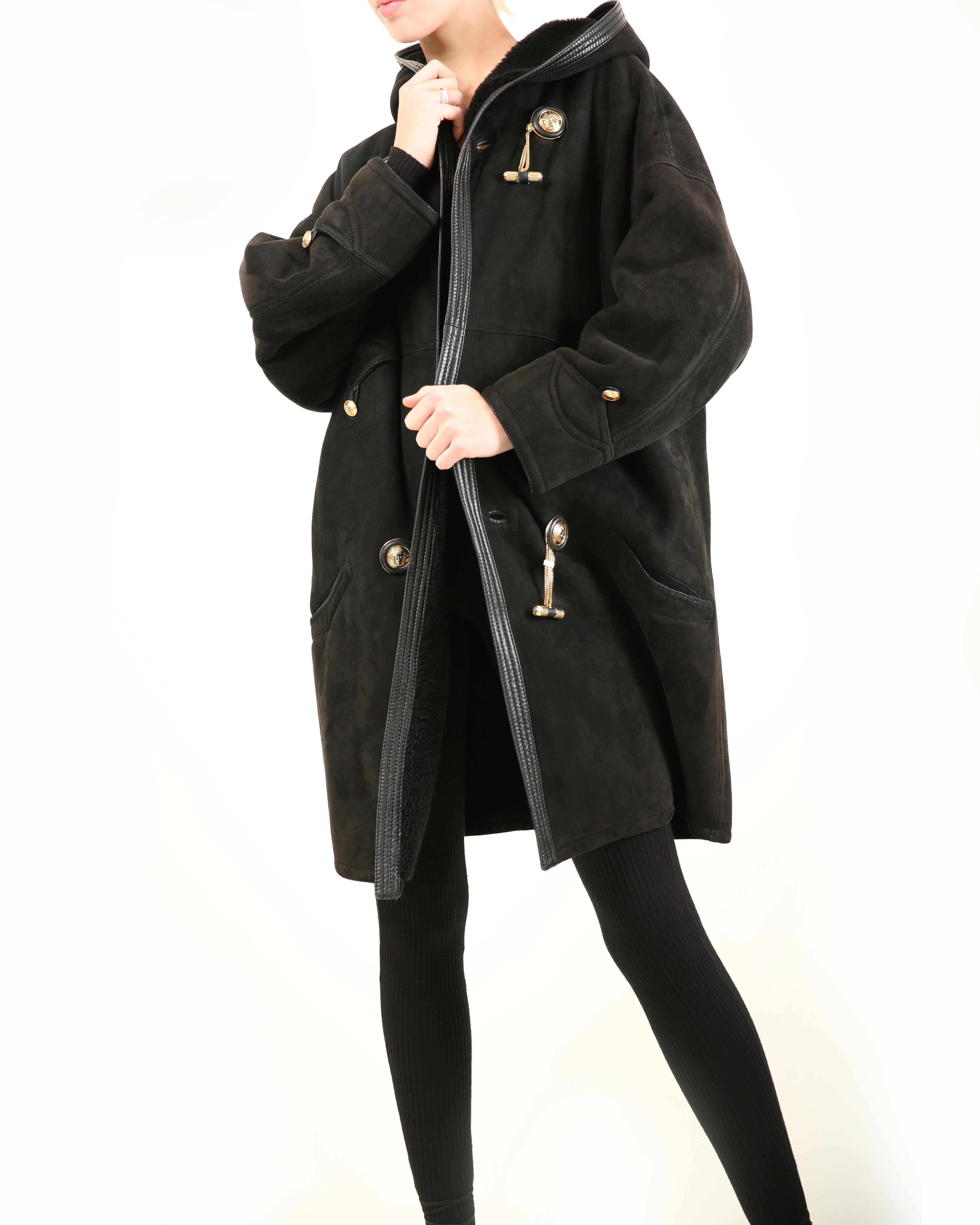 Gianni Versace 90's XS - L black leather suede shearling bondage coat jacket For Sale 6