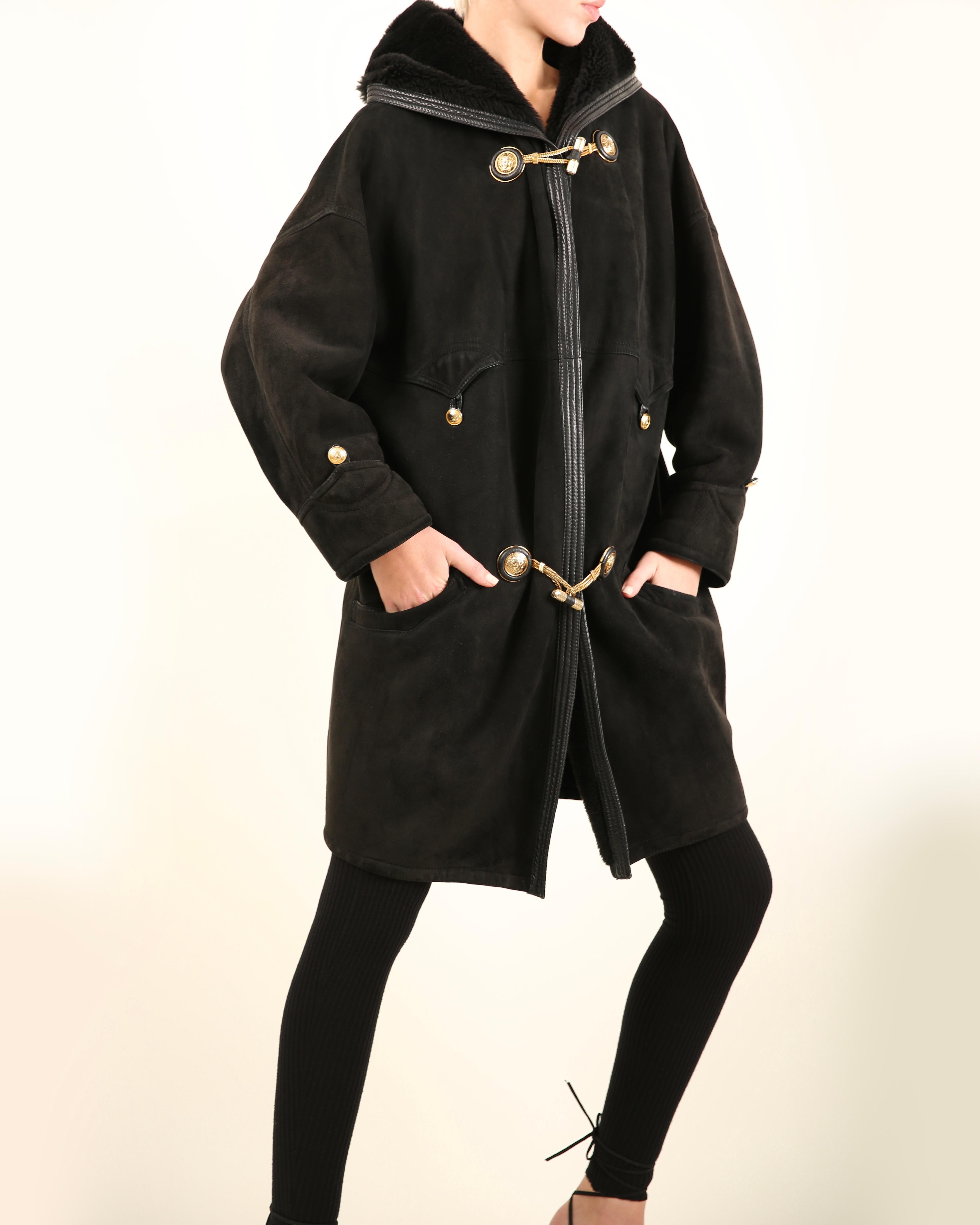 Gianni Versace 90's XS - L black leather suede shearling bondage coat jacket For Sale 6