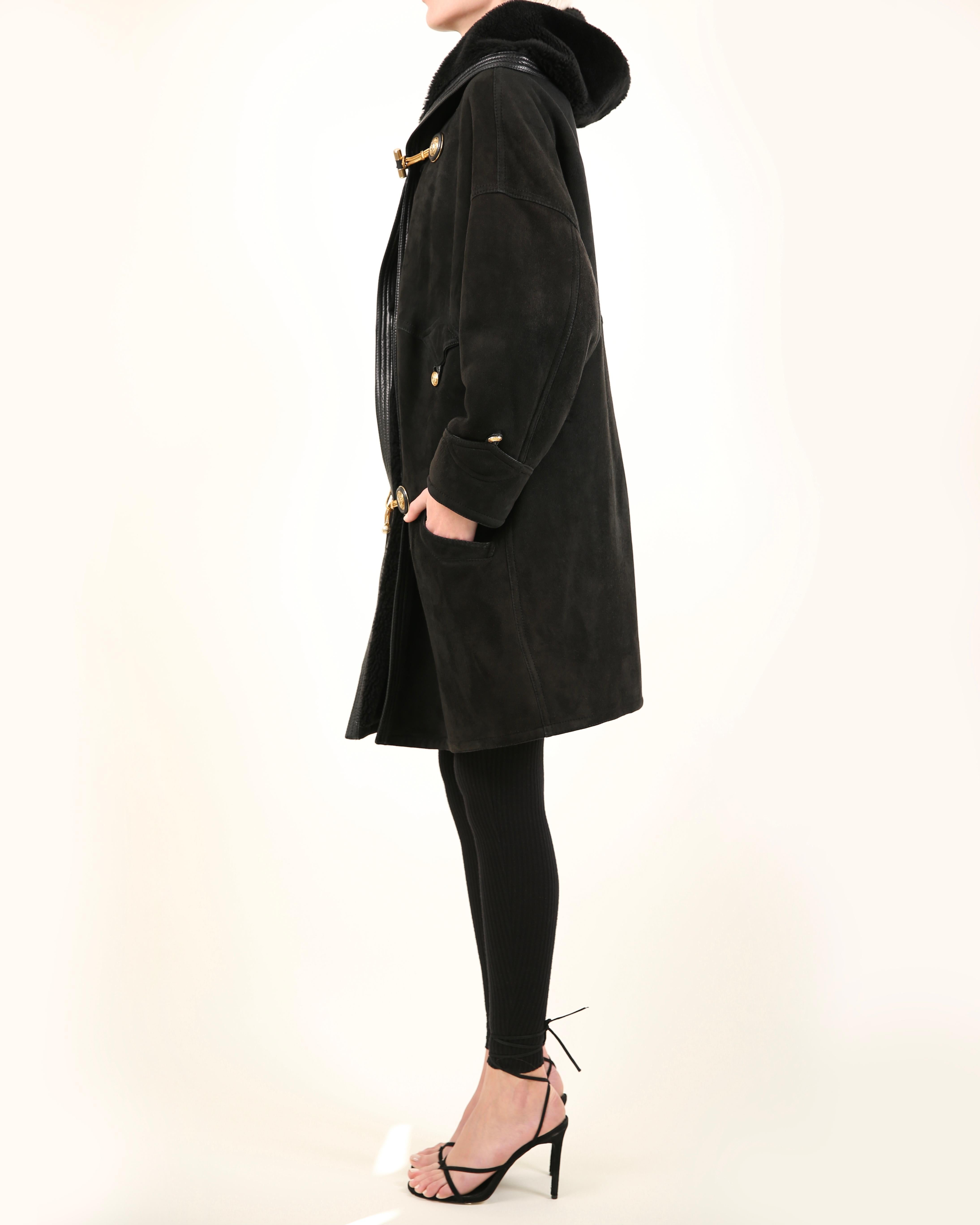 Gianni Versace 90's XS - L black leather suede shearling bondage coat jacket For Sale 7