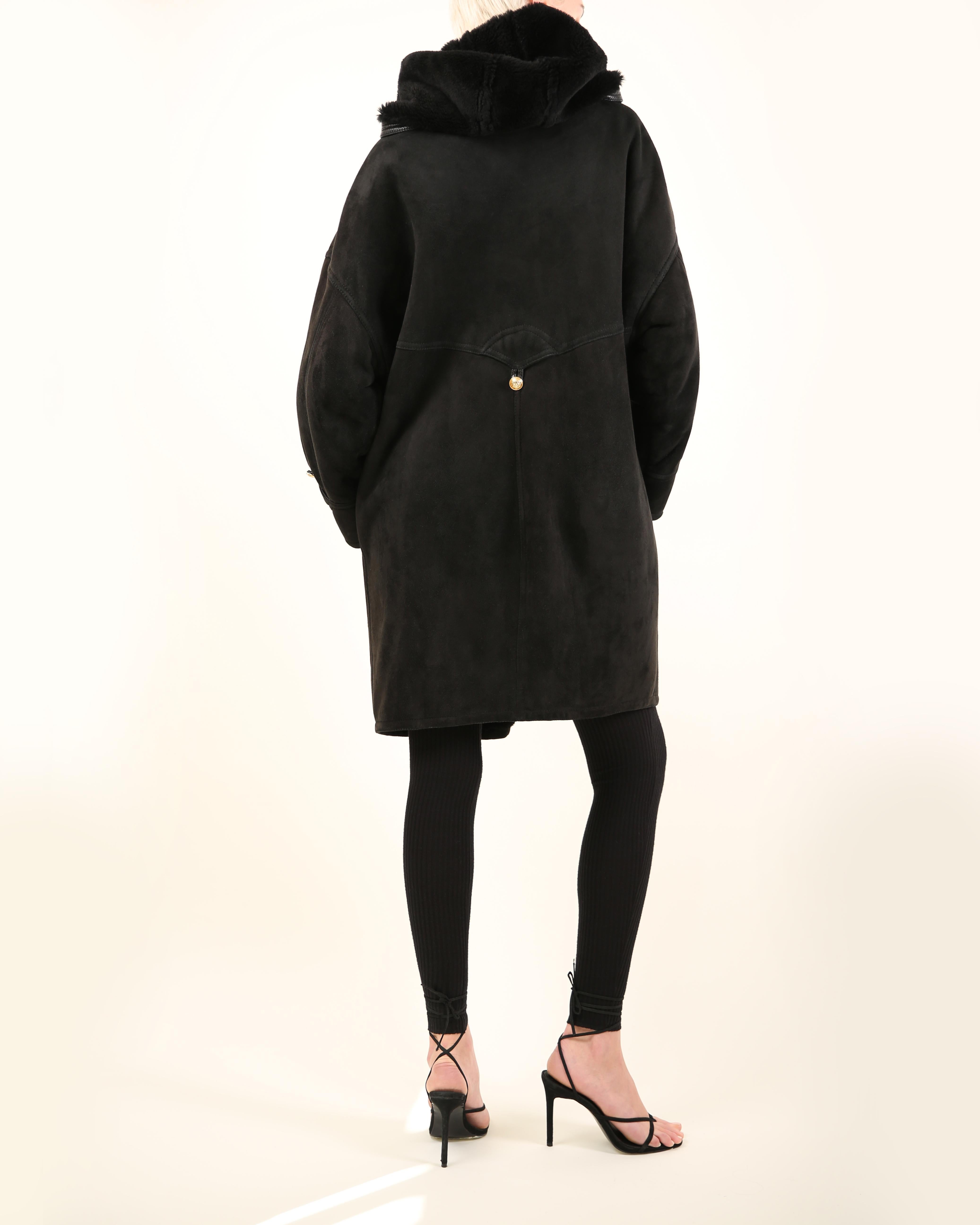 Gianni Versace 90's XS - L black leather suede shearling bondage coat jacket For Sale 6