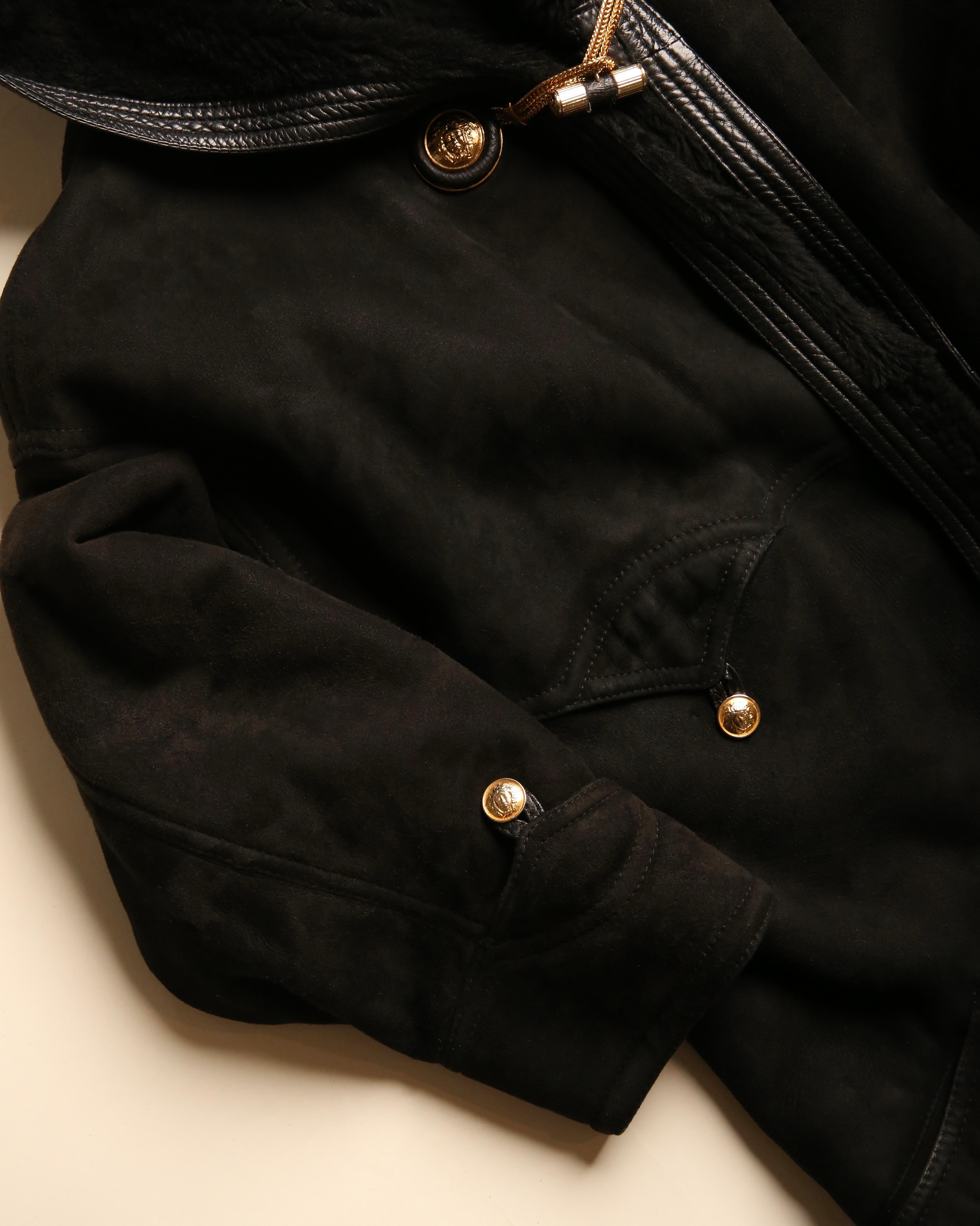 Gianni Versace 90's XS - L black leather suede shearling bondage coat jacket For Sale 10