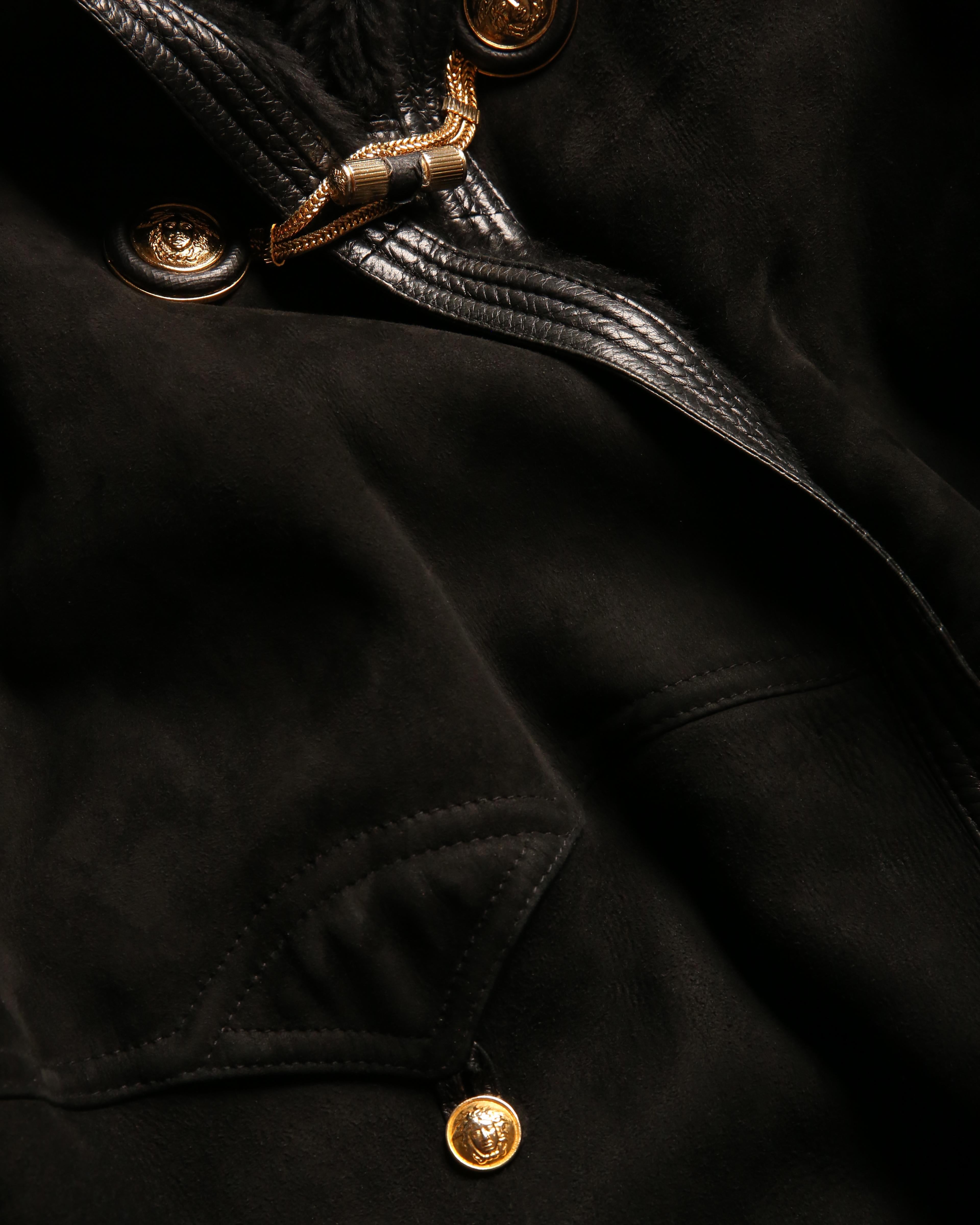 Gianni Versace 90's XS - L black leather suede shearling bondage coat jacket For Sale 12
