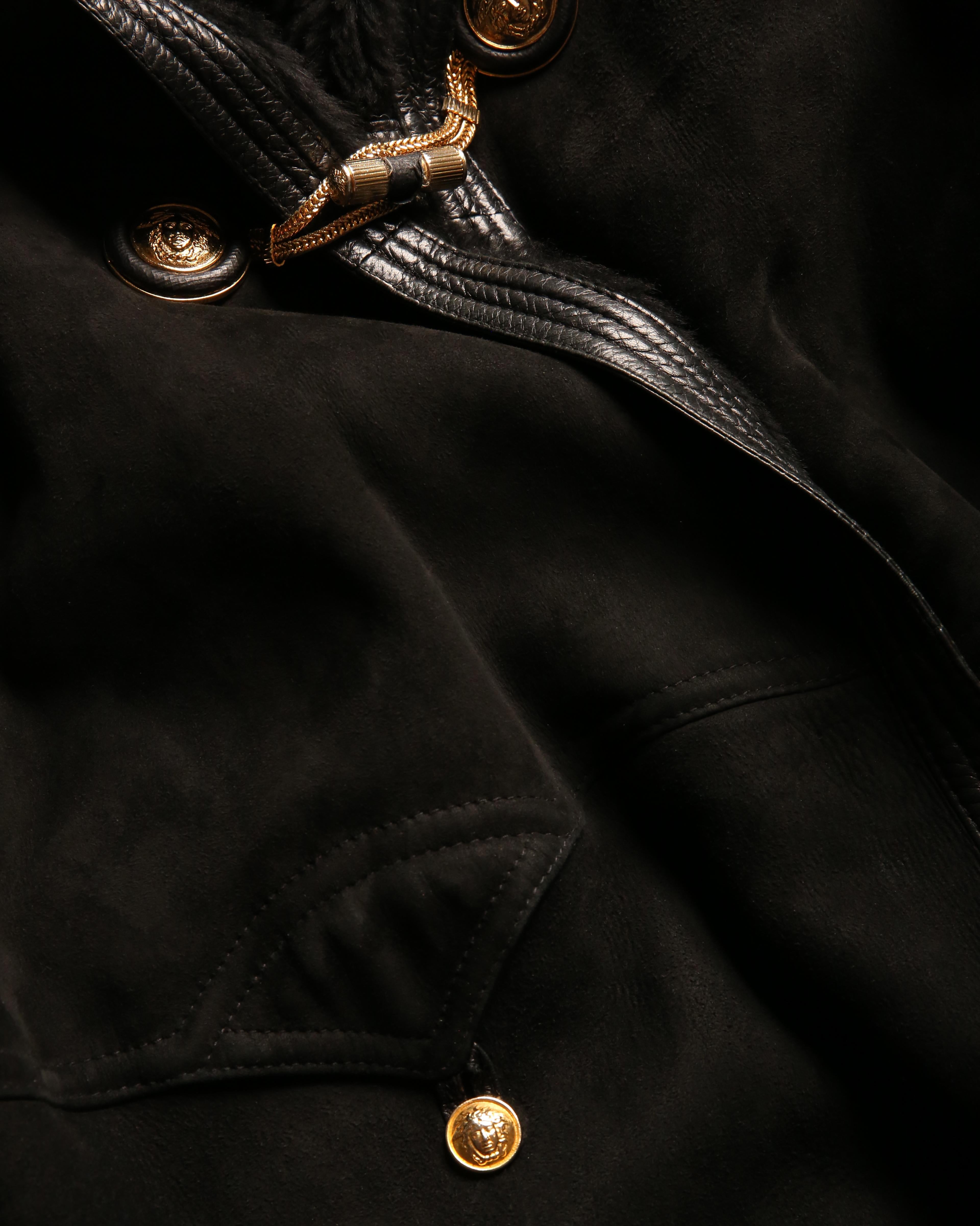 Gianni Versace 90's XS - L black leather suede shearling bondage coat jacket For Sale 11