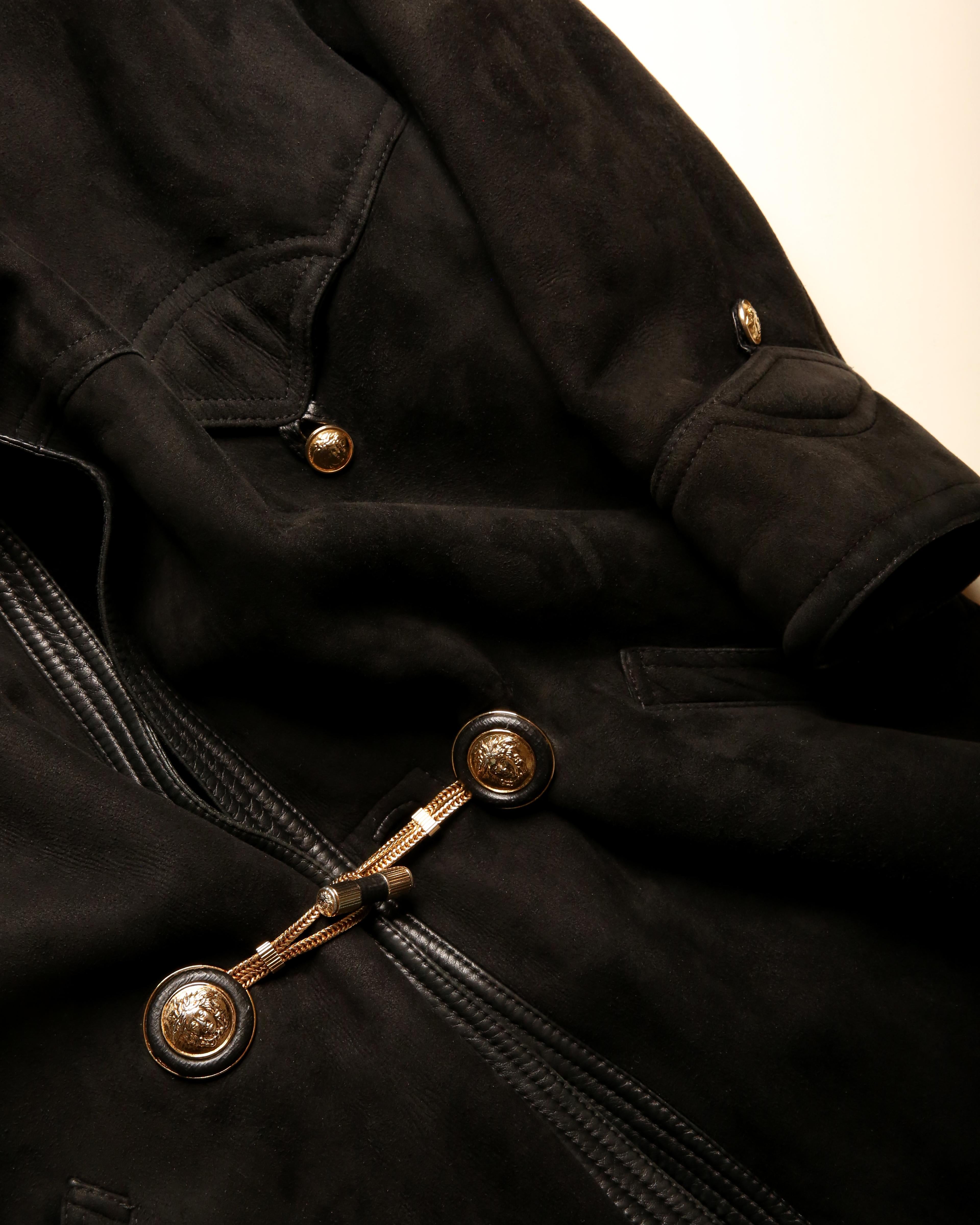 Gianni Versace 90's XS - L black leather suede shearling bondage coat jacket For Sale 12