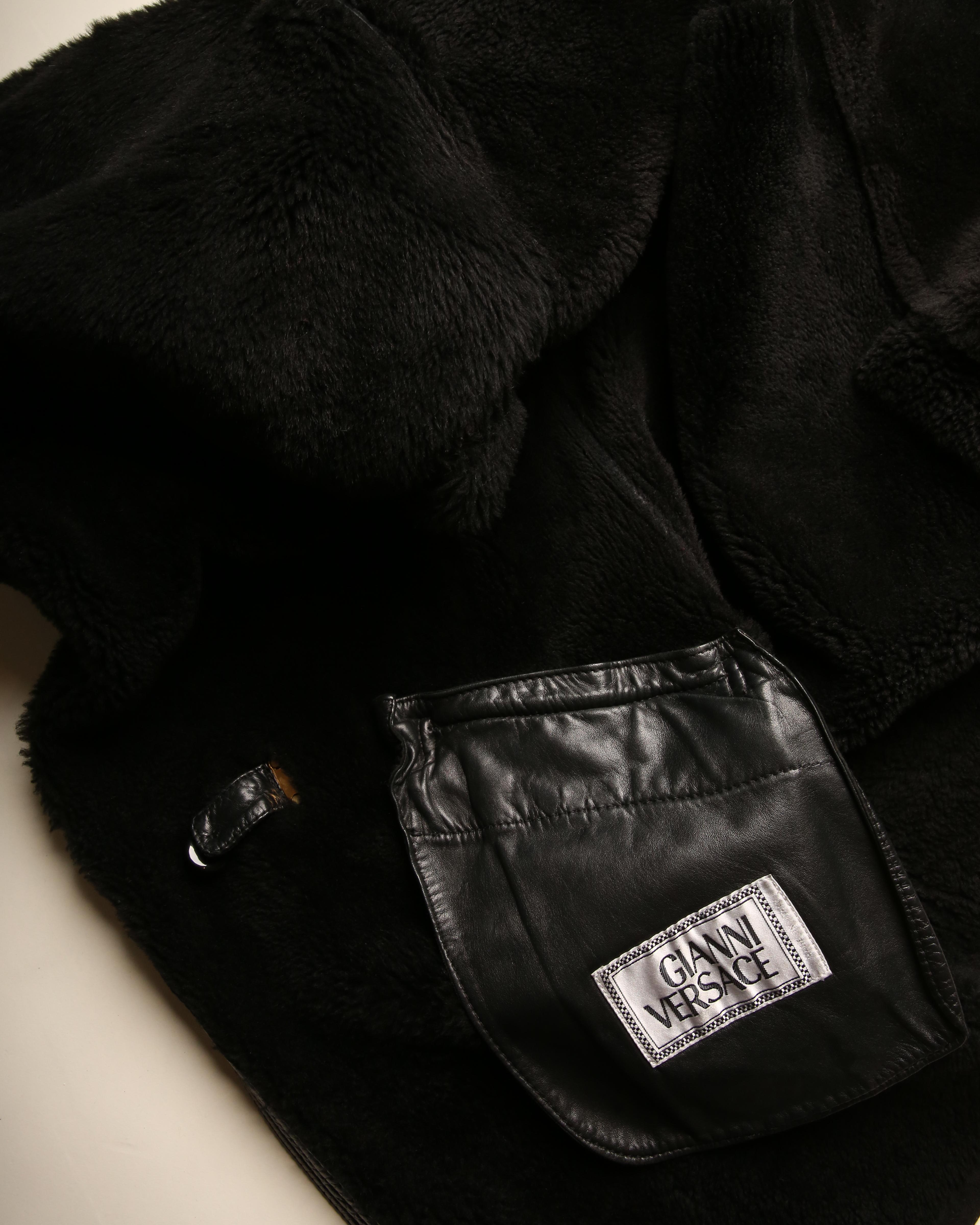 Gianni Versace 90's XS - L black leather suede shearling bondage coat jacket For Sale 15