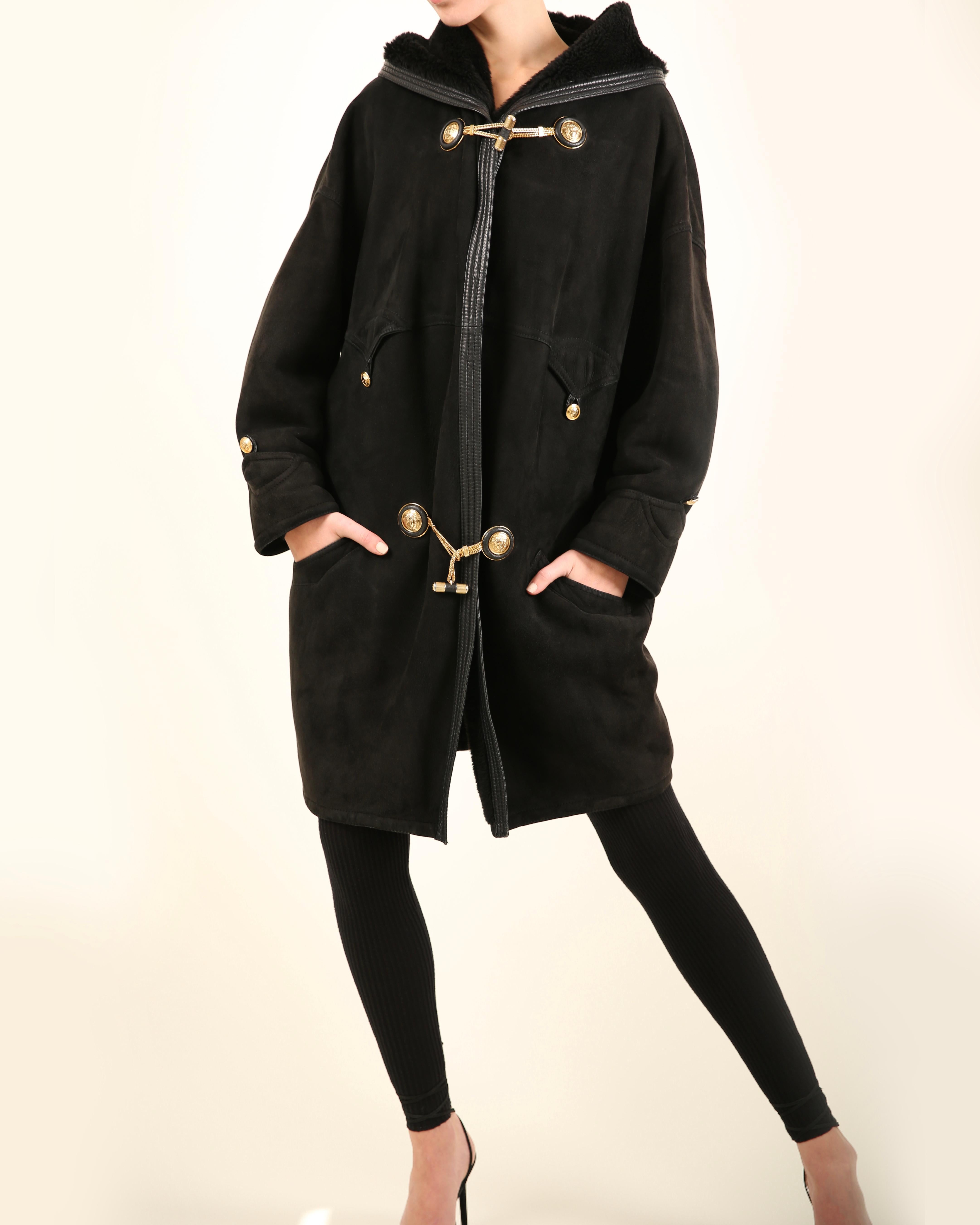 Black Gianni Versace 90's XS - L black leather suede shearling bondage coat jacket For Sale