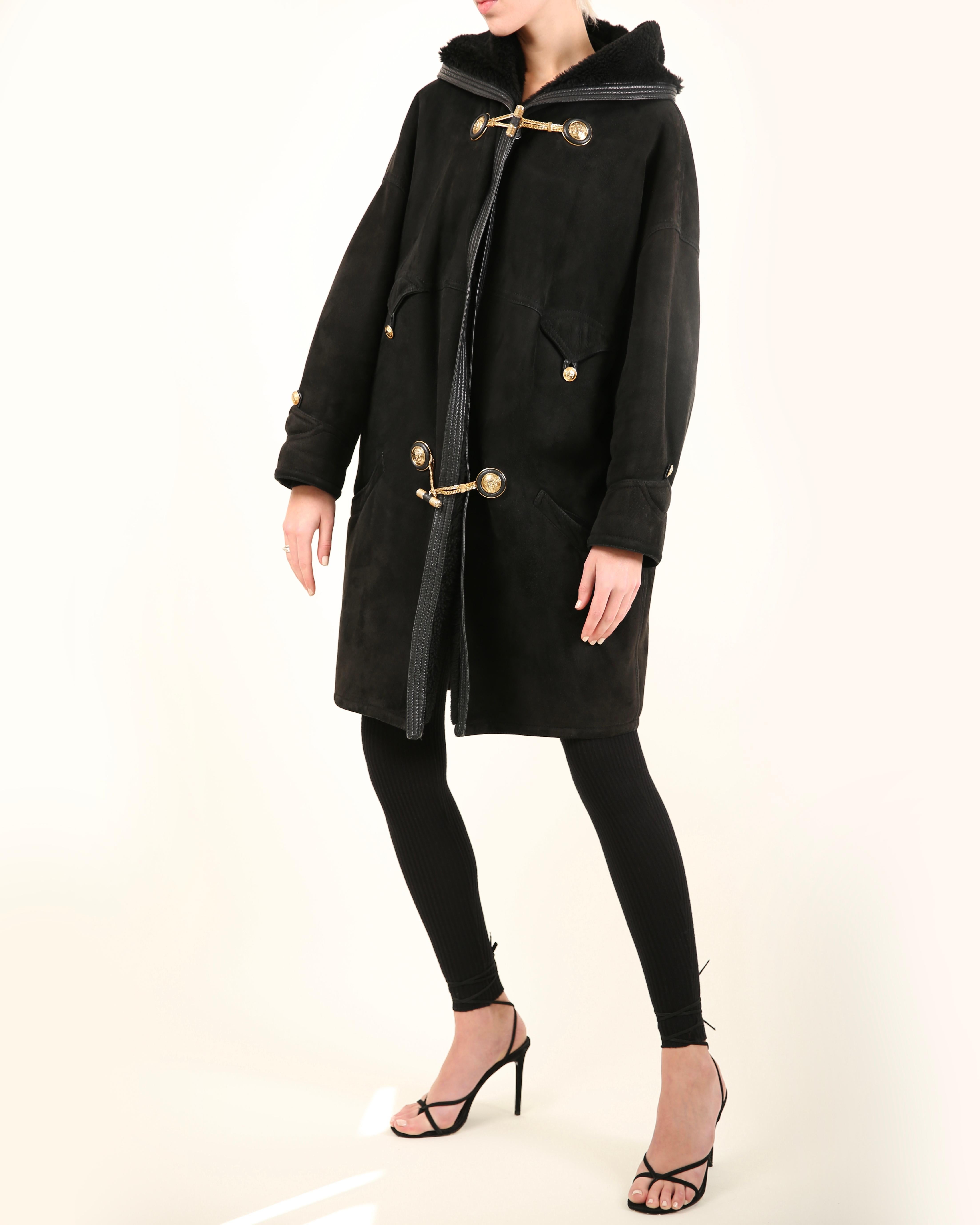 Gianni Versace 90's XS - L black leather suede shearling bondage coat jacket For Sale 2
