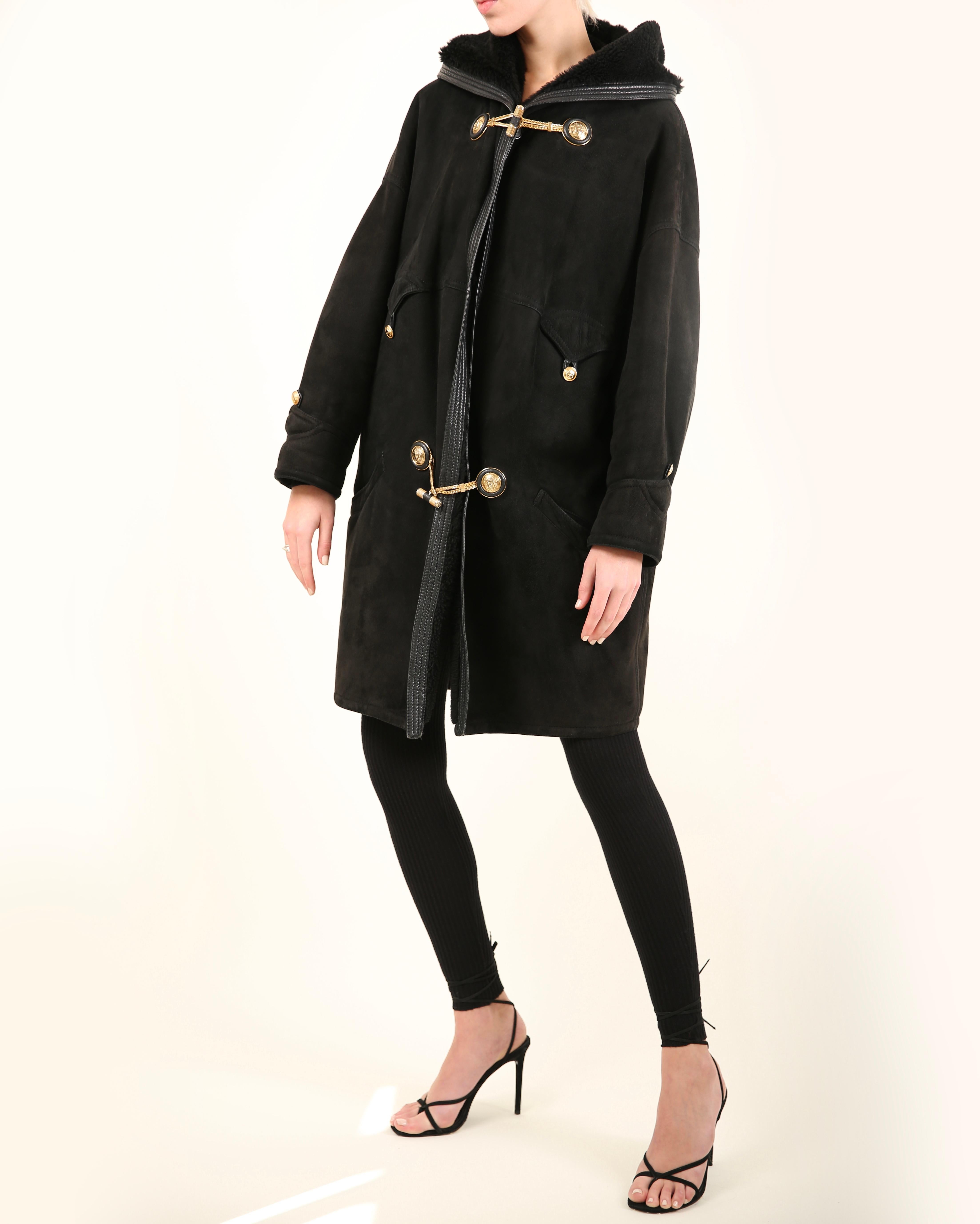 Gianni Versace 90's XS - L black leather suede shearling bondage coat jacket For Sale 1