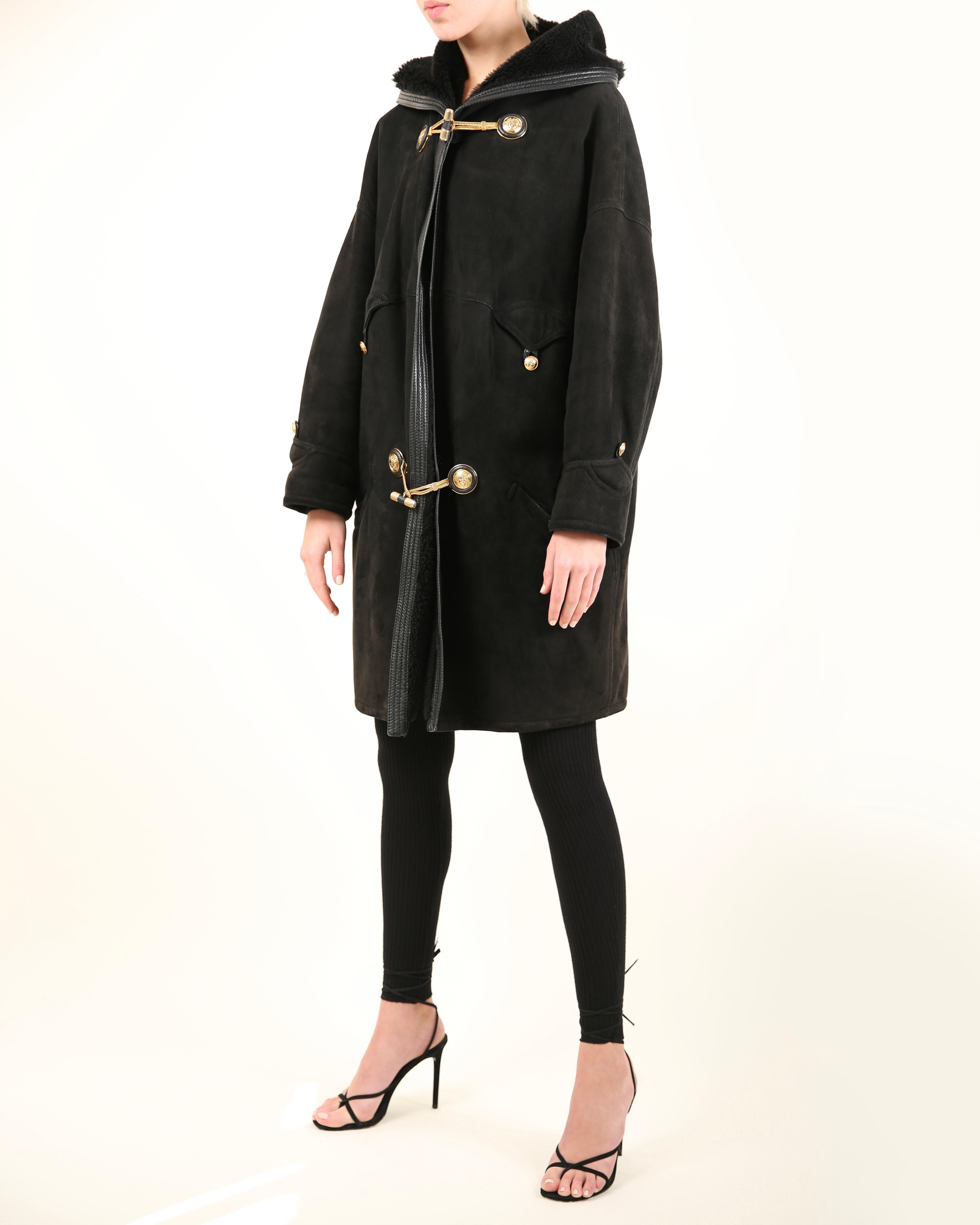 Gianni Versace 90's XS - L black leather suede shearling bondage coat jacket For Sale 3