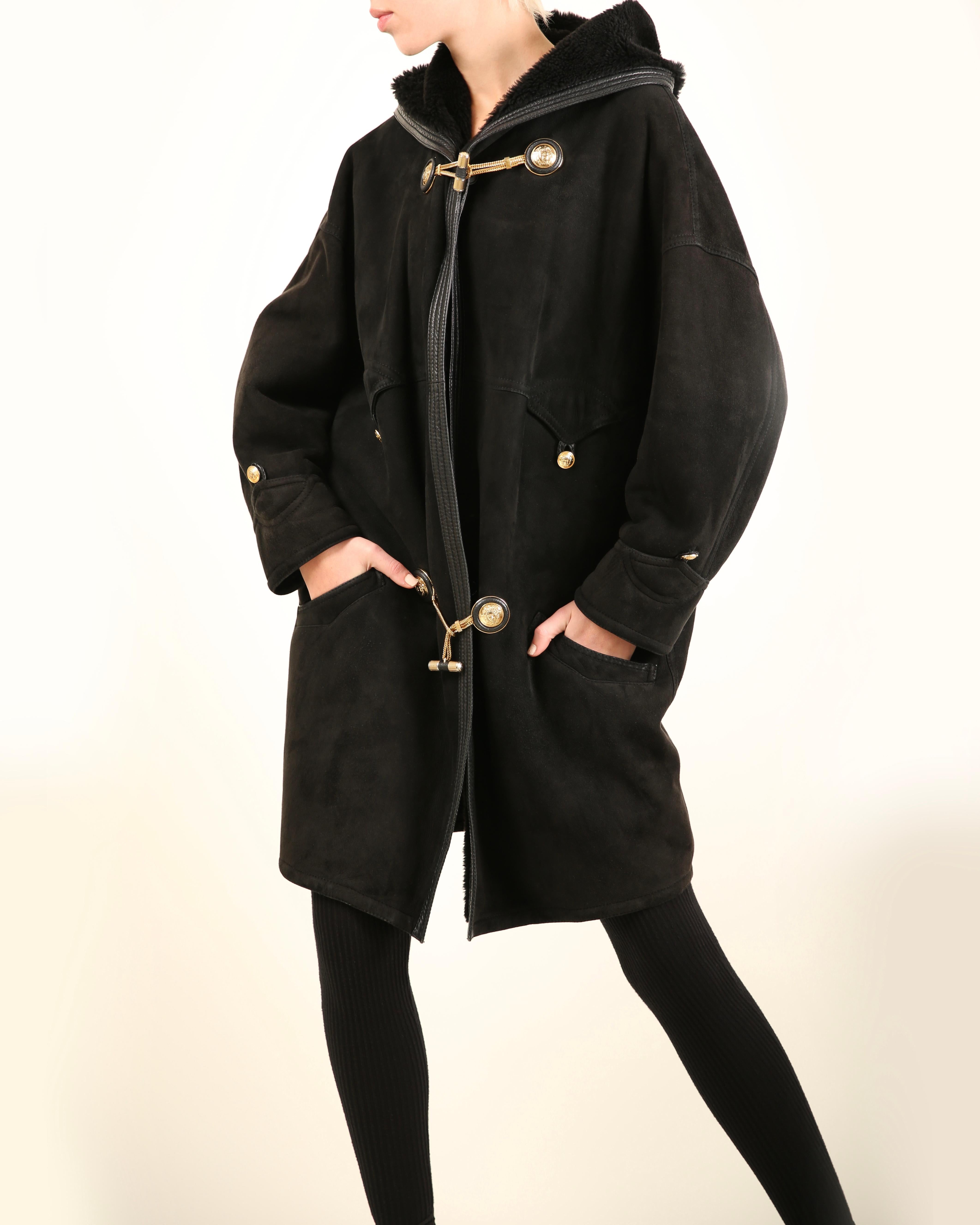 Gianni Versace 90's XS - L black leather suede shearling bondage coat jacket For Sale 4