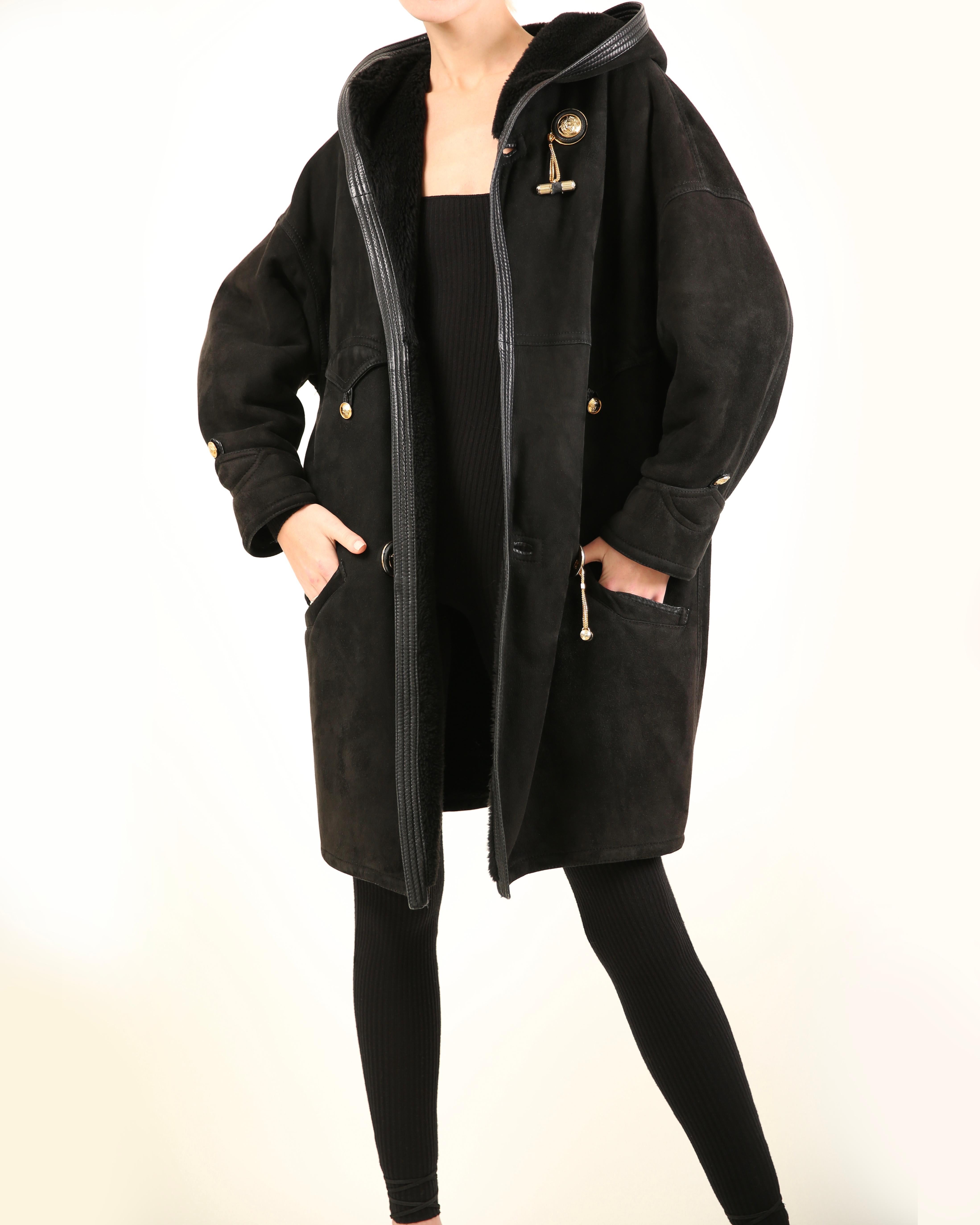Gianni Versace 90's XS - L black leather suede shearling bondage coat jacket For Sale 1