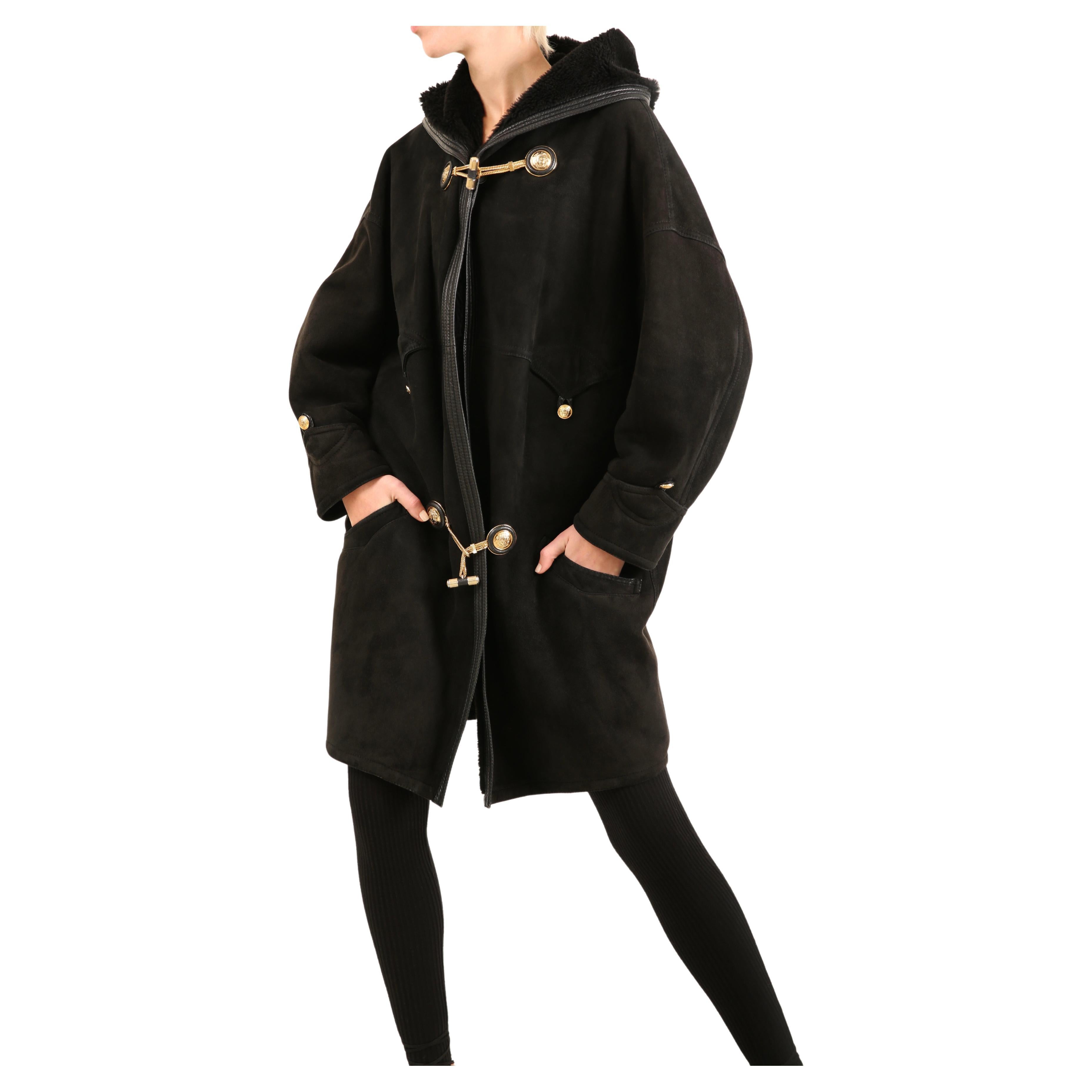 Gianni Versace 90's XS - L black leather suede shearling bondage coat jacket For Sale