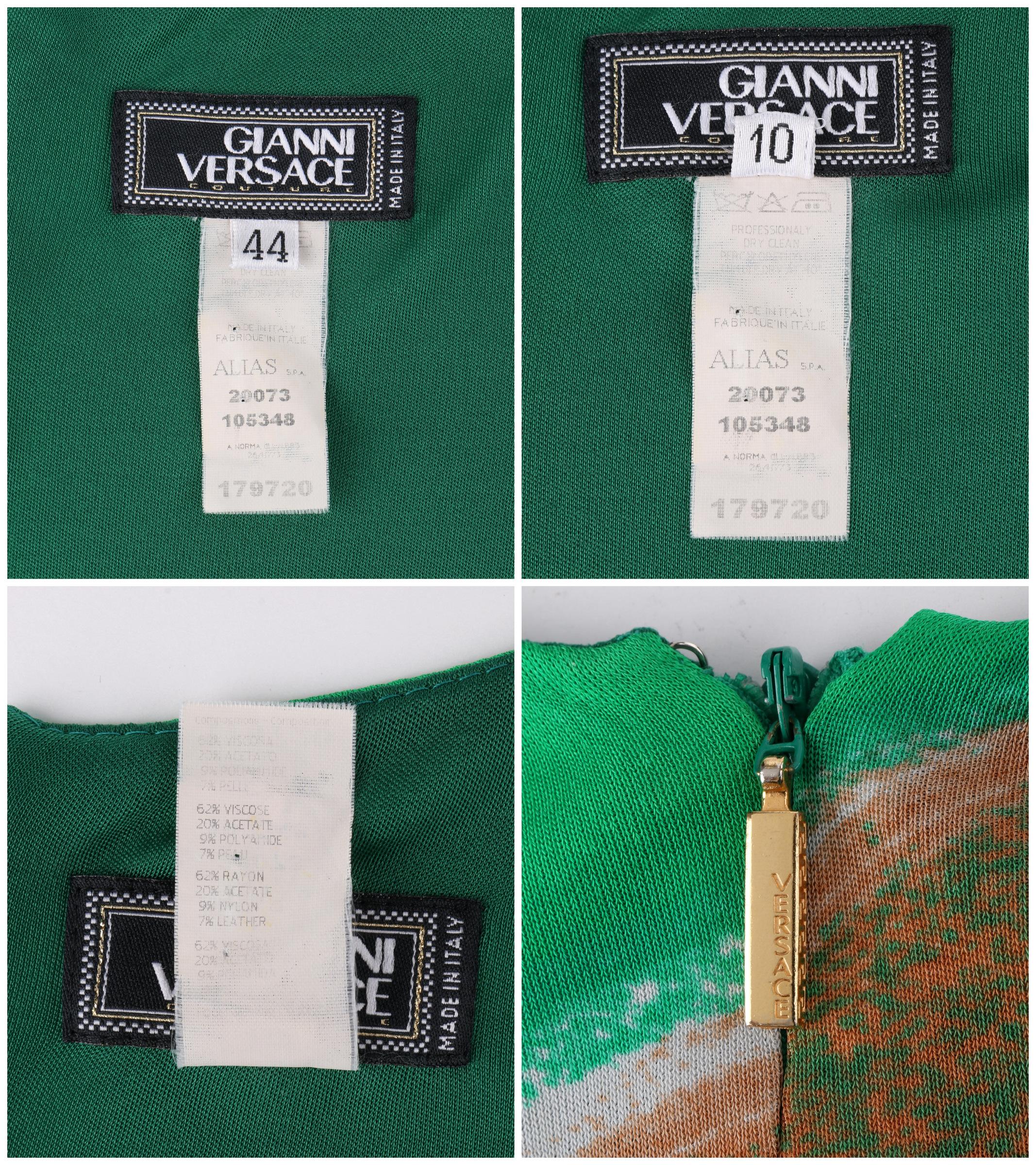 GIANNI VERSACE A/W 2001 Runway Green Black Painterly Leather Sheath LS Dress 3