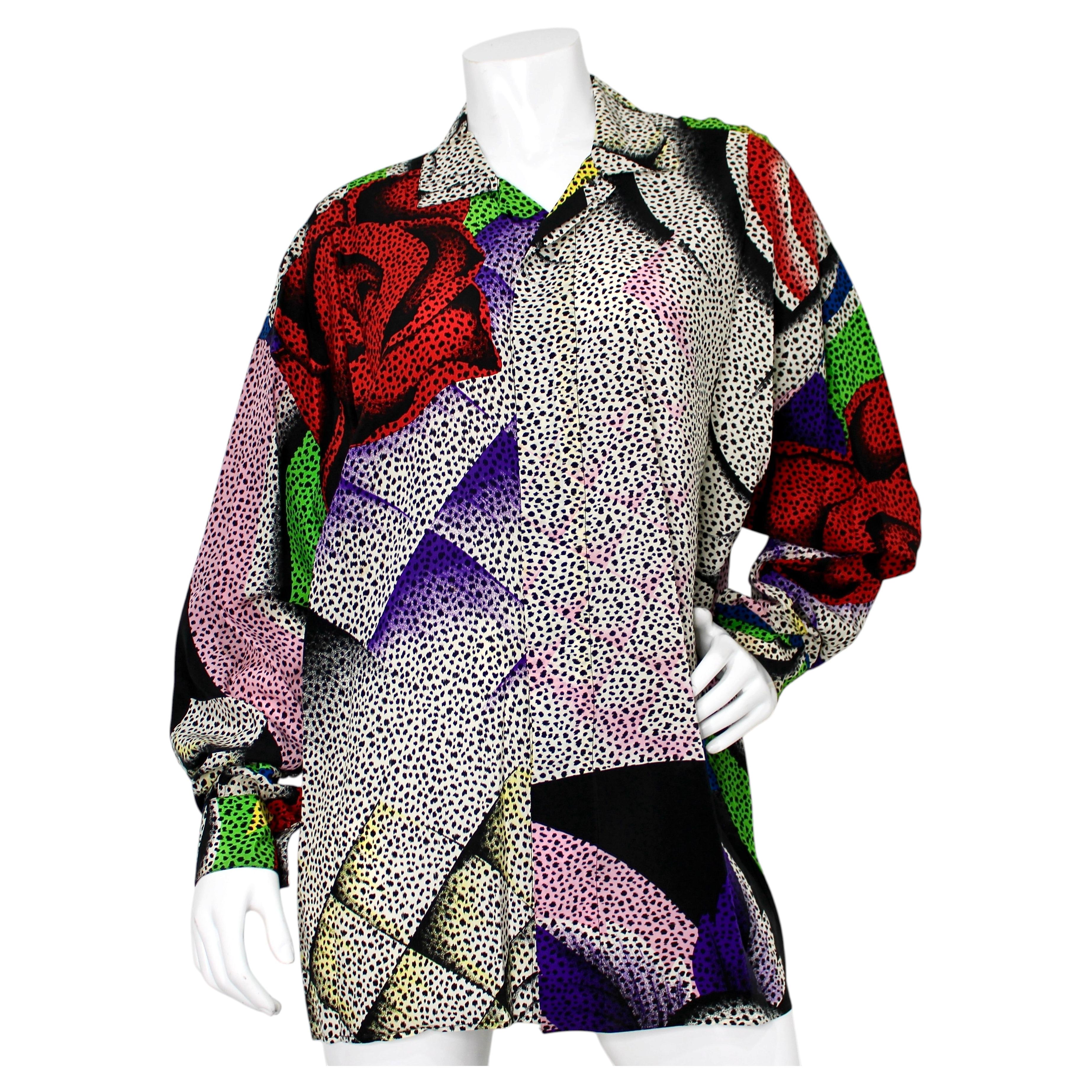 Gianni Versace Abstract Rose Cheetah Print Silk Button-Up Shirt circa 1980s For Sale