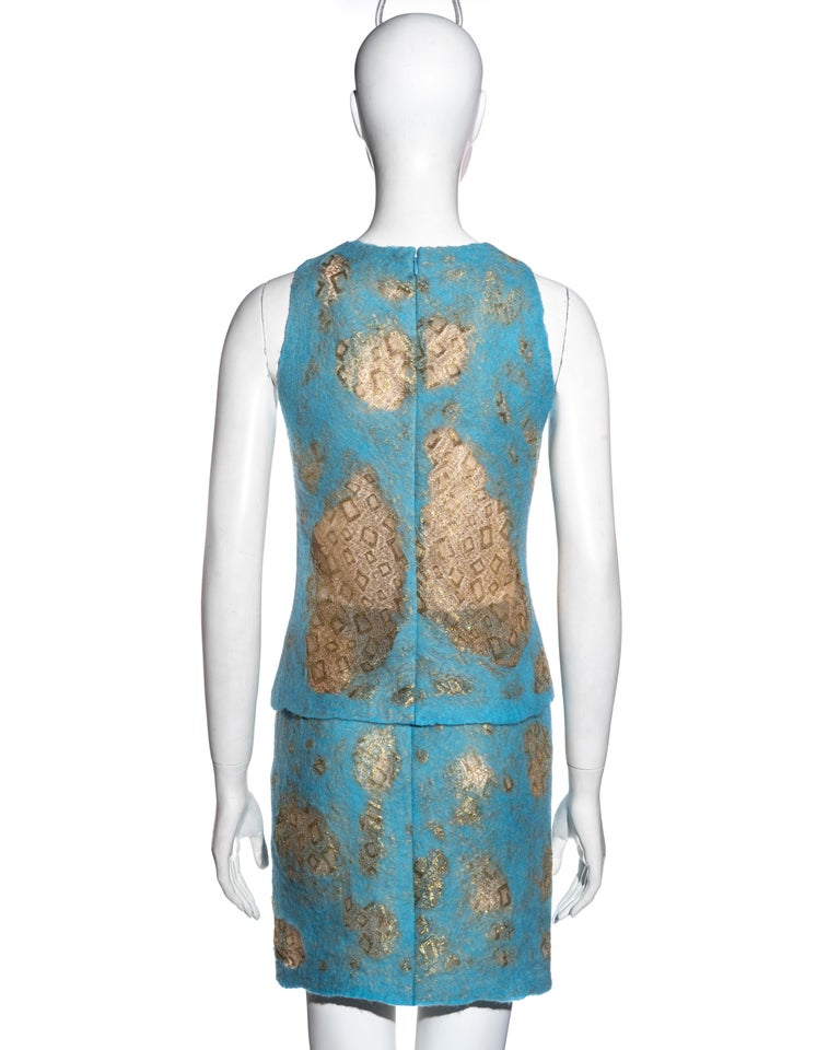 Gianni Versace aqua blue felted wool and gold lace top and skirt set