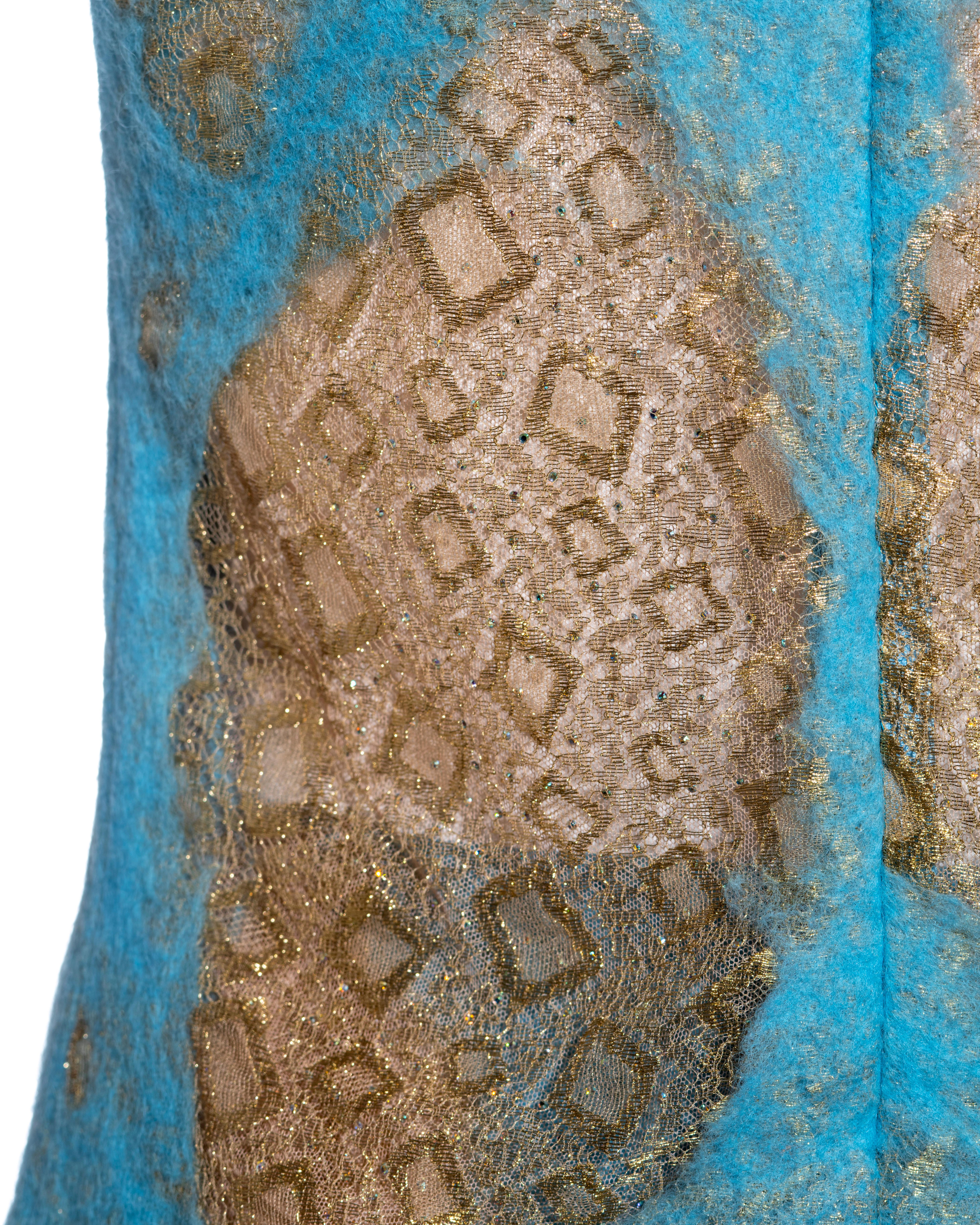 Gianni Versace aqua blue felted wool and gold lace top and skirt set, ss 1999 For Sale 4