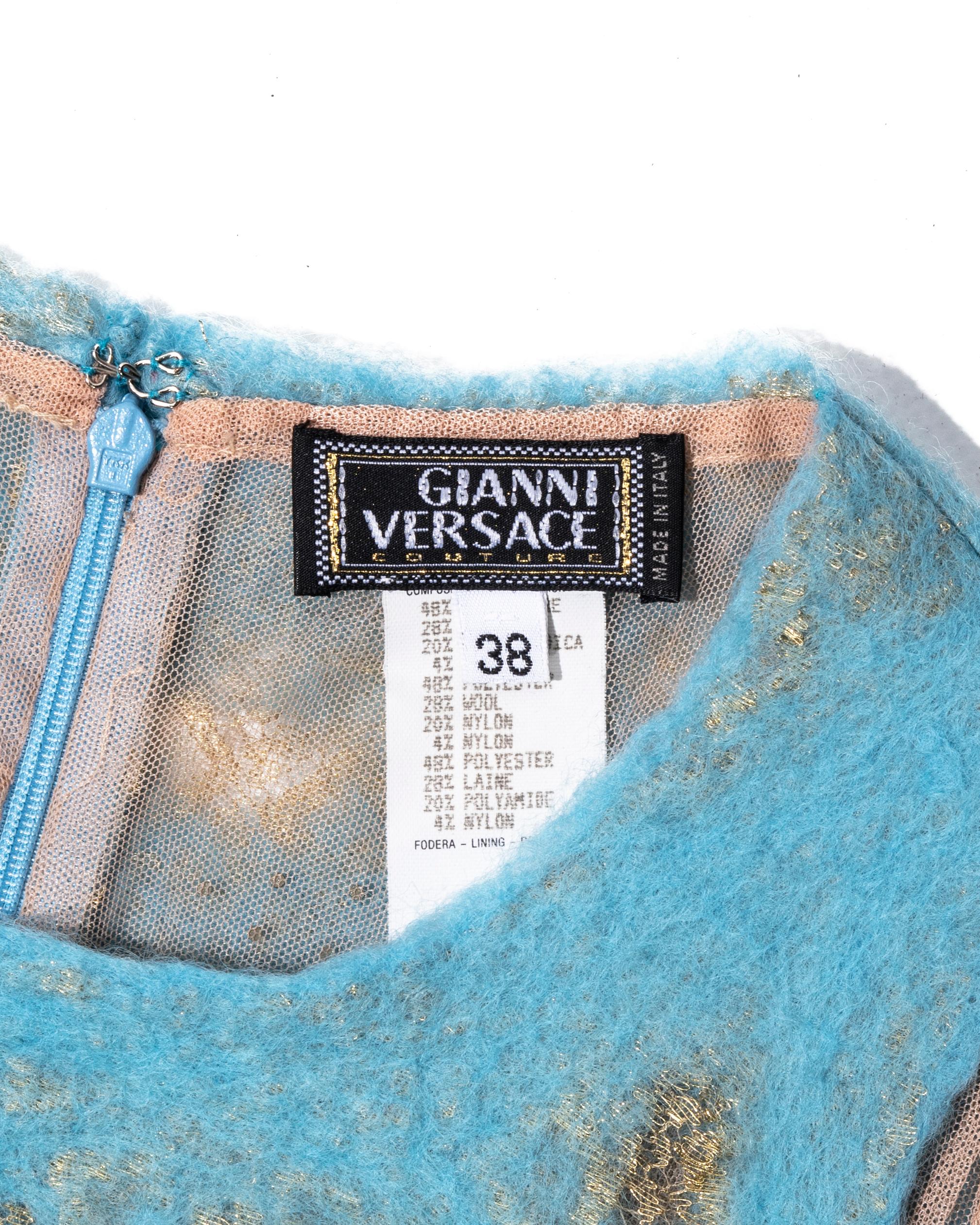 Gianni Versace aqua blue felted wool and gold lace top and skirt set, ss 1999 For Sale 5