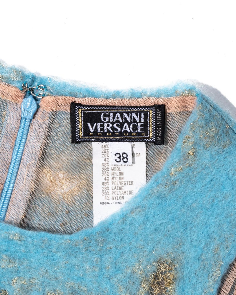 Gianni Versace aqua blue felted wool and gold lace top and skirt set