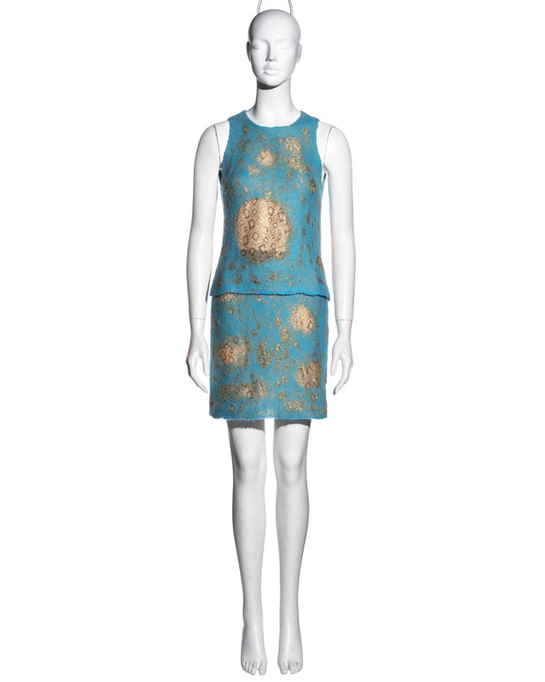 Gianni Versace aqua blue felted wool and gold lace top and skirt set ...