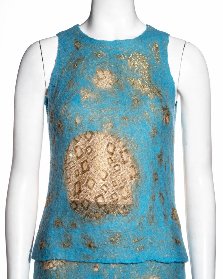 Gianni Versace aqua blue felted wool and gold lace top and skirt set ...