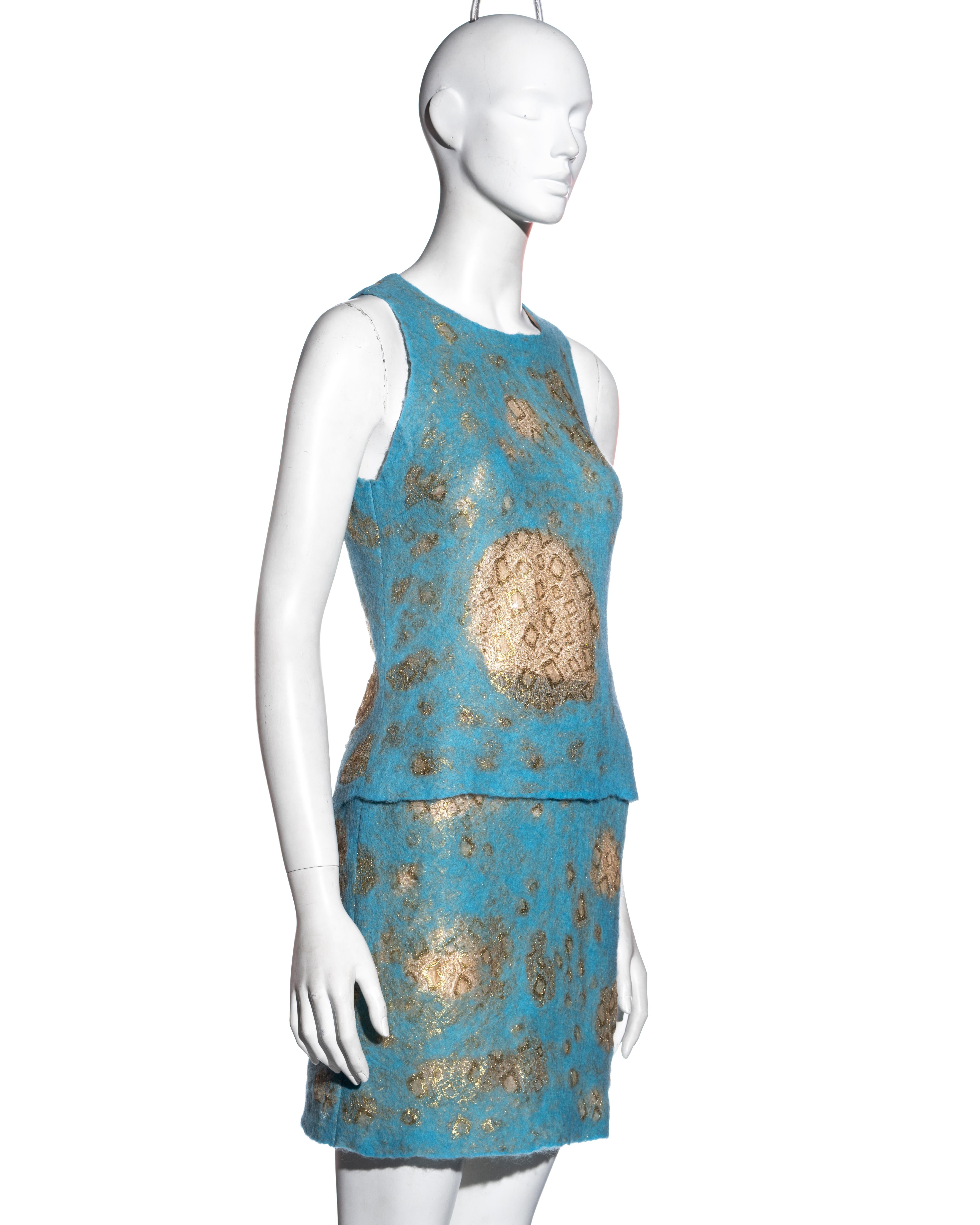 Women's Gianni Versace aqua blue felted wool and gold lace top and skirt set, ss 1999 For Sale