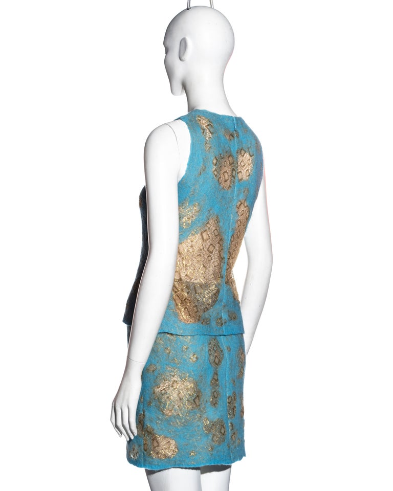Gianni Versace aqua blue felted wool and gold lace top and skirt set ...