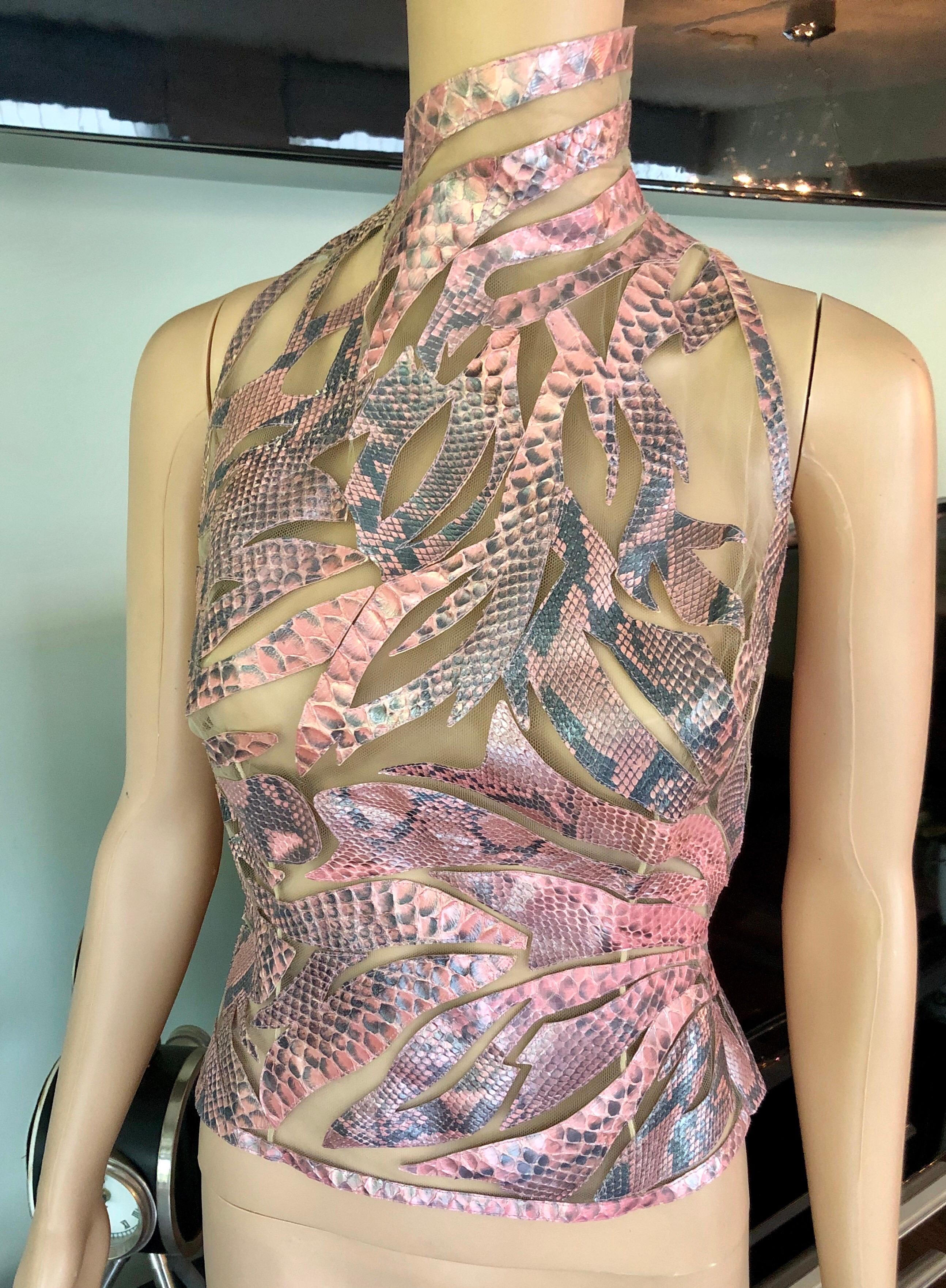Brown Gianni Versace Atelier S/S 2000 Haute Couture Python Leather Sheer Cutout Top 