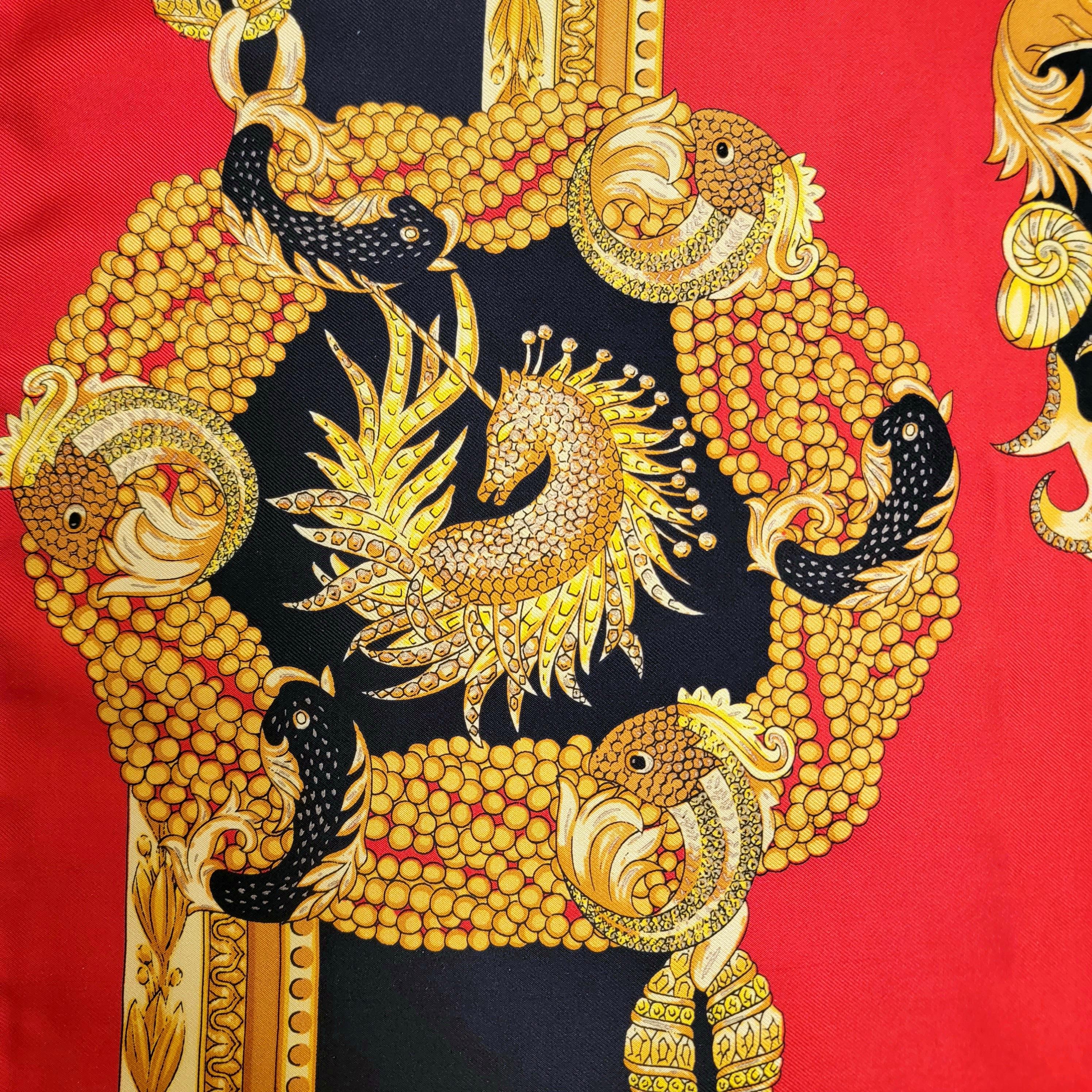 Gianni Versace Atelier Silk Scarf Mermaid & Seahorse Siren Baroque 1990's 34in In Excellent Condition In Concord, NC