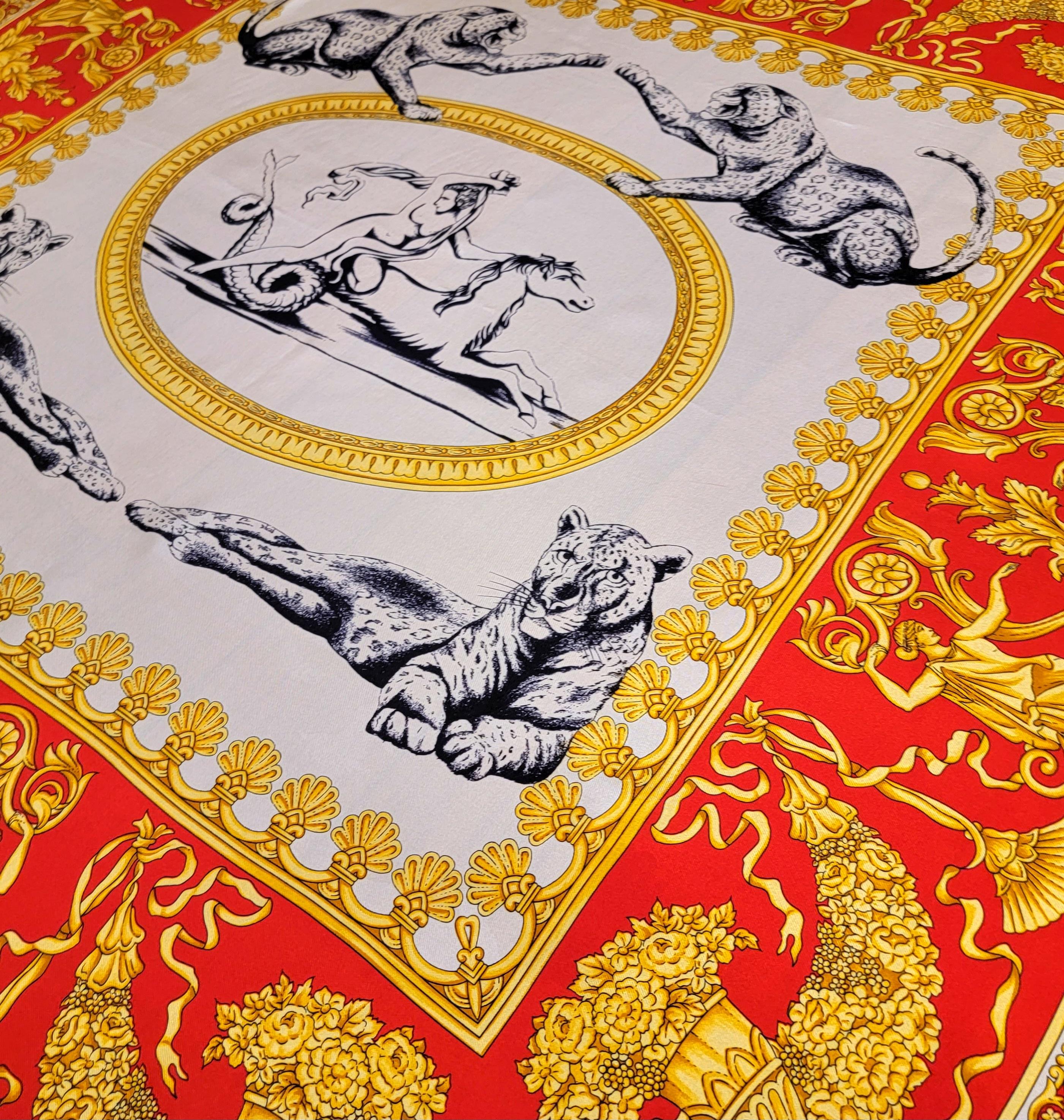 Gianni Versace Atelier Silk Scarf Roman Greek Goddess Tiger Baroque 1990's 33in In Excellent Condition In Concord, NC