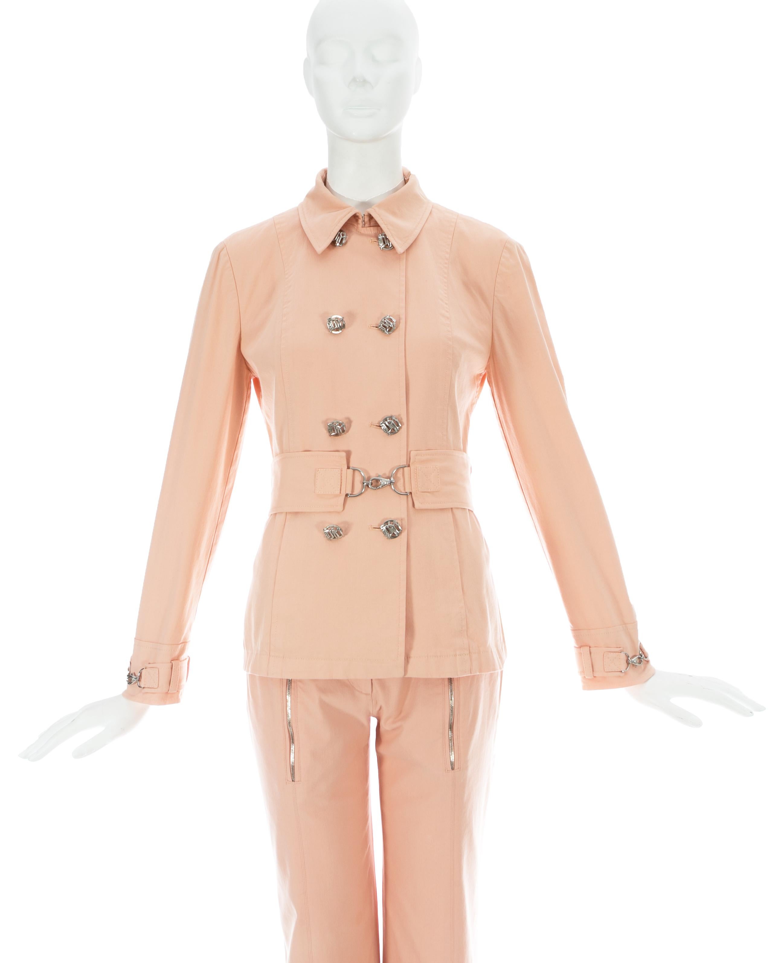 Gianni Versace baby pink cotton pant suit with silver hardware, ss 2003 In Good Condition In London, London