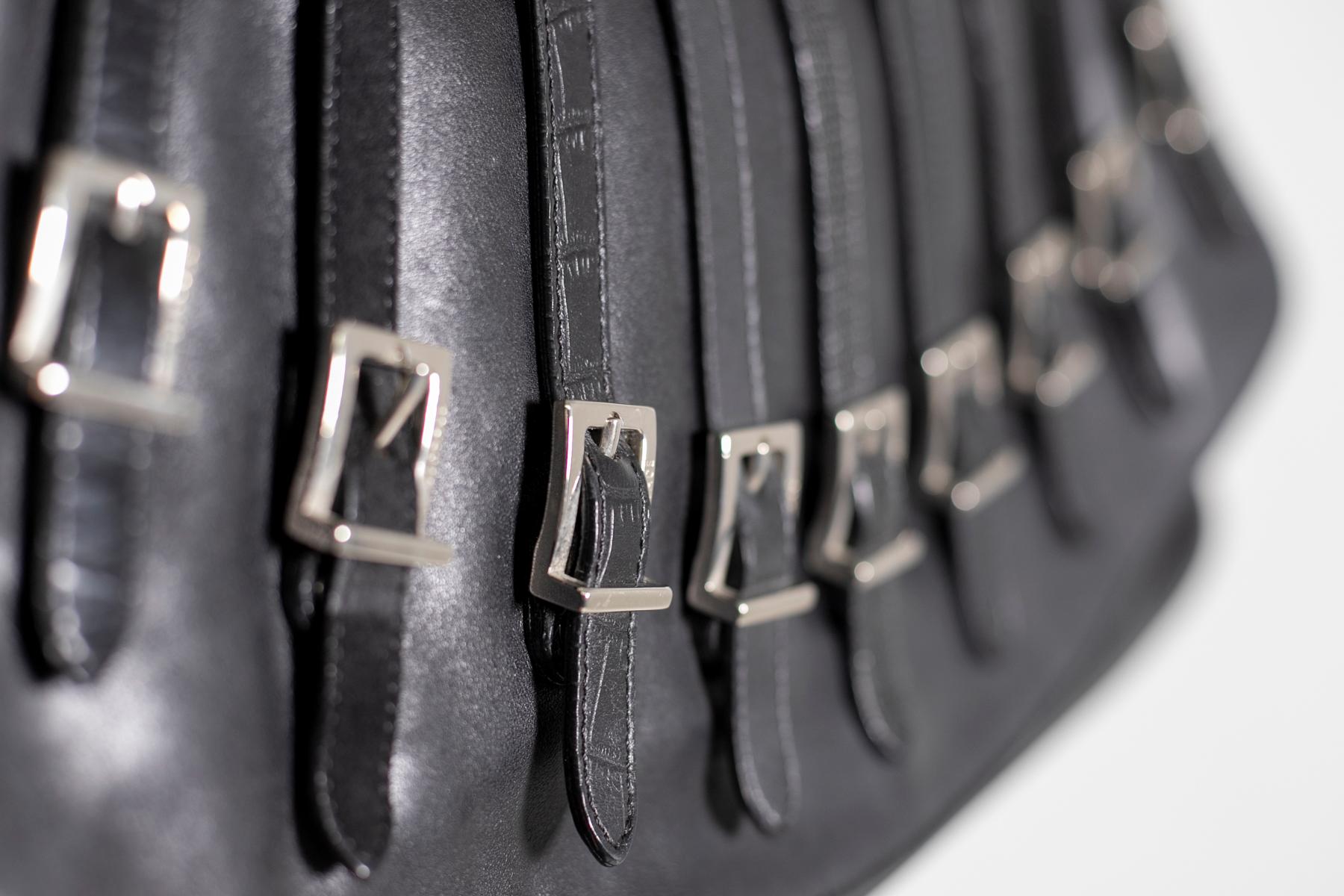 Women's Gianni Versace Black Embossed Leather Bag, Bondage Line For Sale