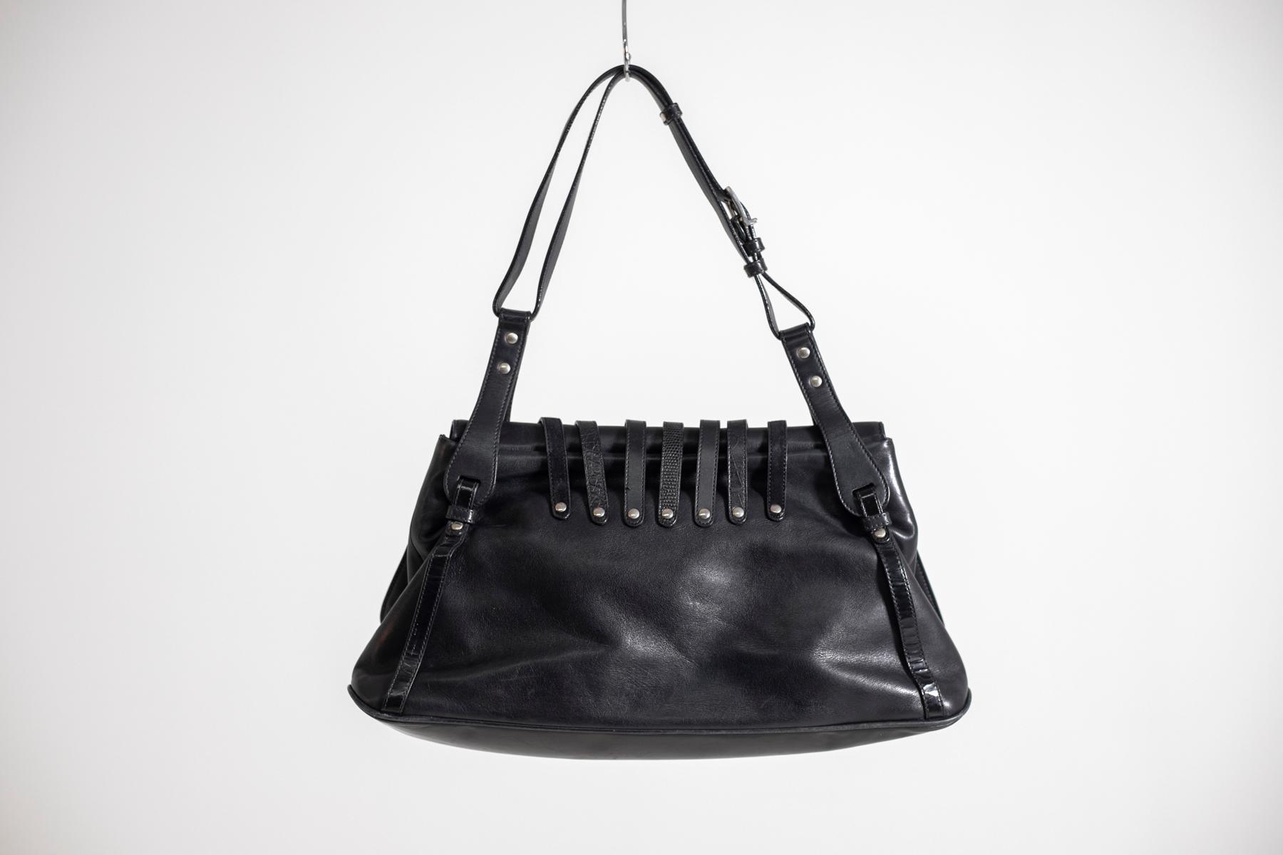 Gianni Versace Black Embossed Leather Bag, Bondage Line For Sale 2