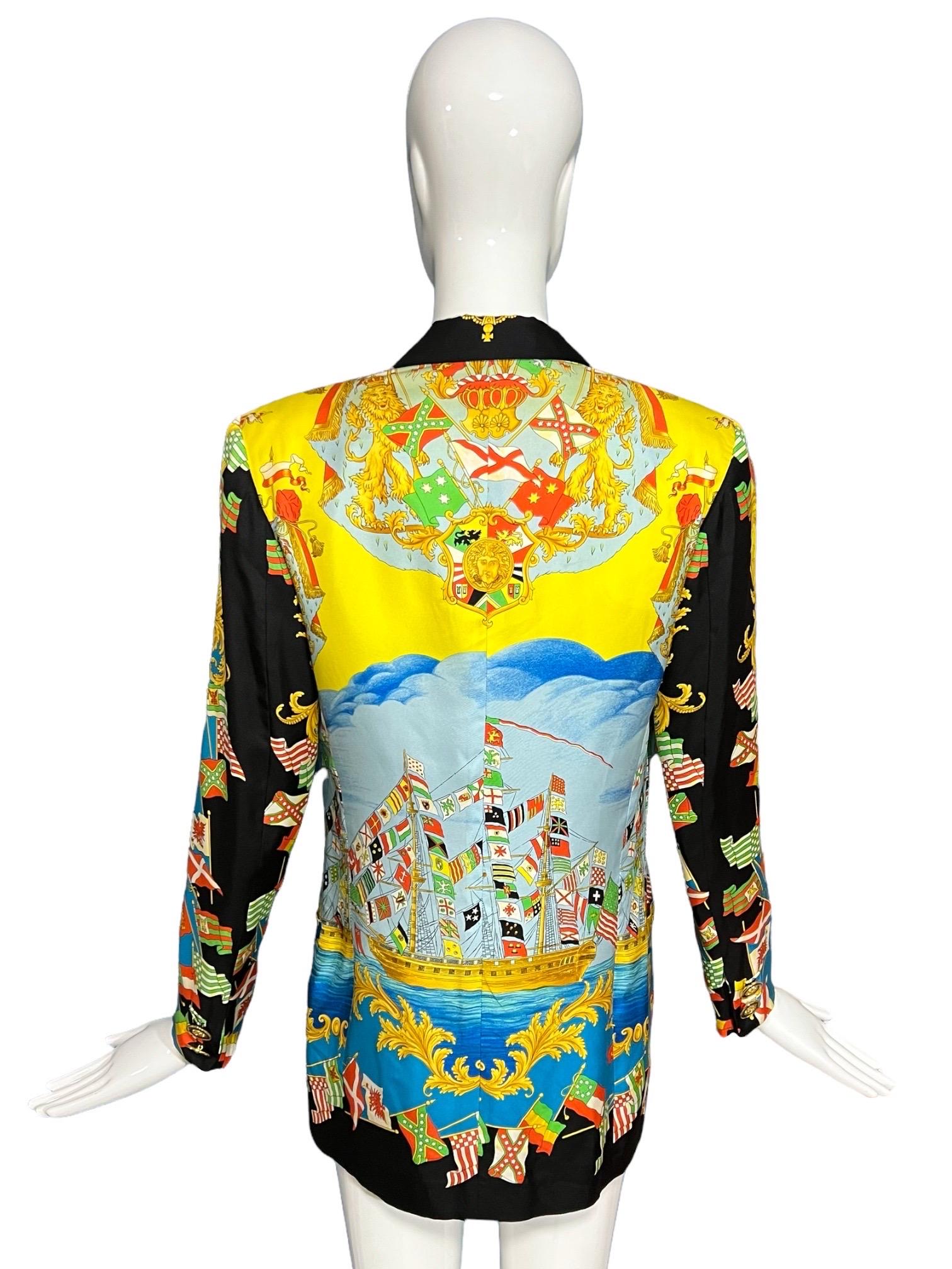 S/S 1993 Gianni Versace Baroque Flags Silk Blazer Jacket Miami Collection  For Sale 3