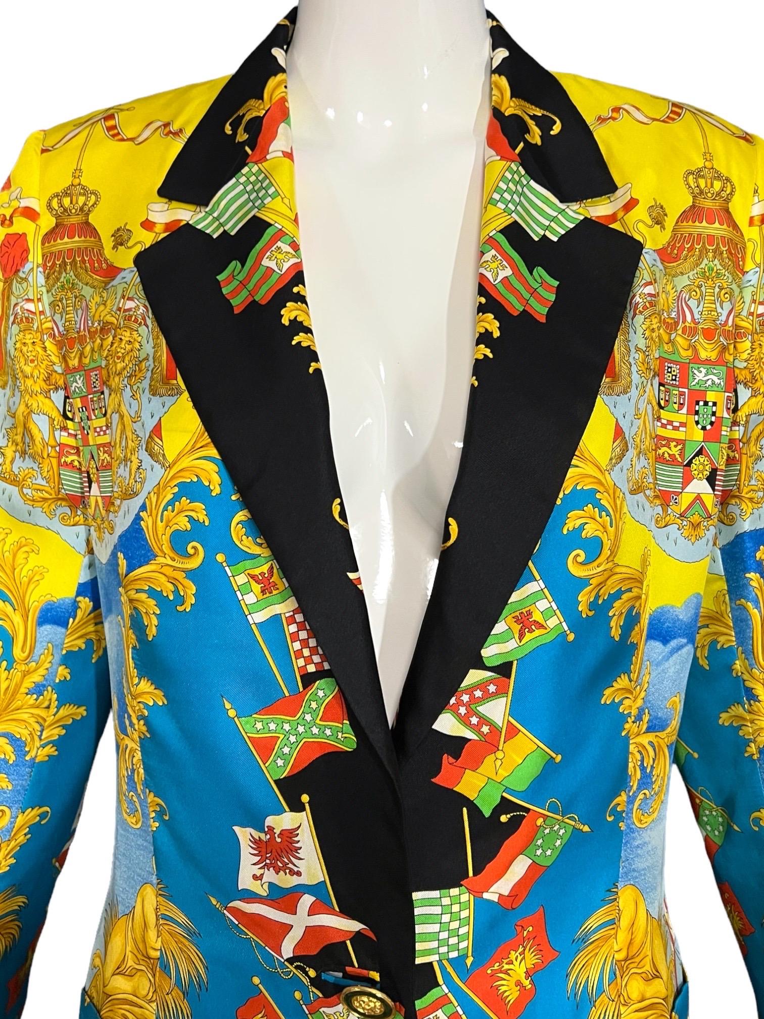 Blue S/S 1993 Gianni Versace Baroque Flags Silk Blazer Jacket Miami Collection  For Sale