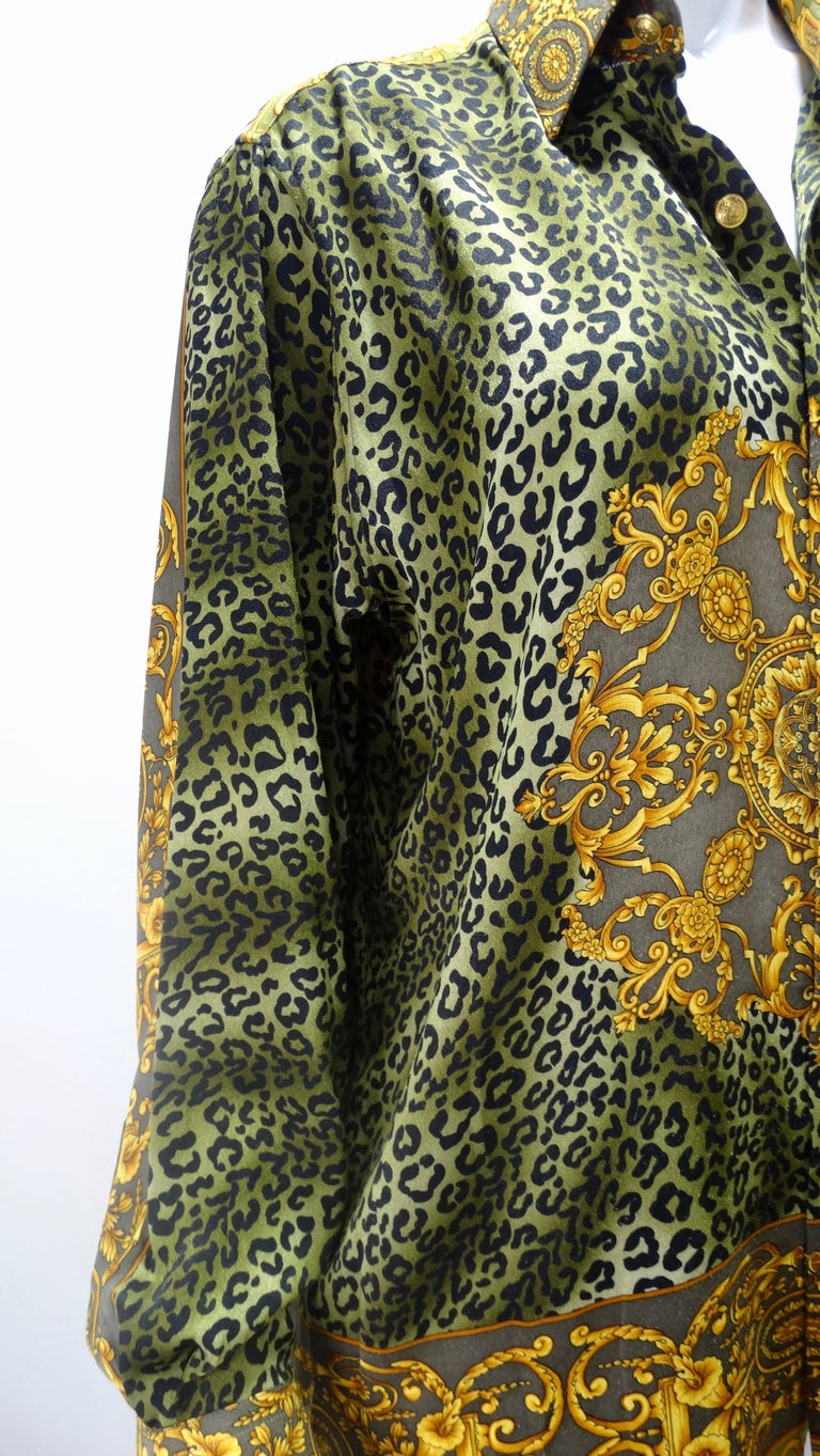 Gianni Versace Baroque Leopard Print Silk Blouse For Sale 9