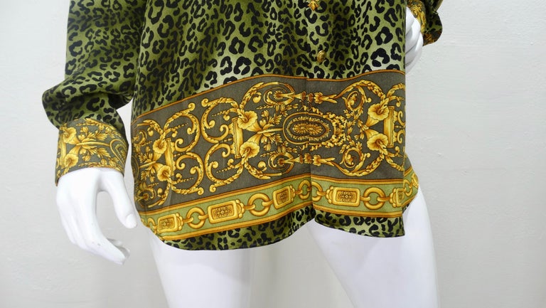 Brown Gianni Versace Baroque Leopard Print Silk Blouse For Sale