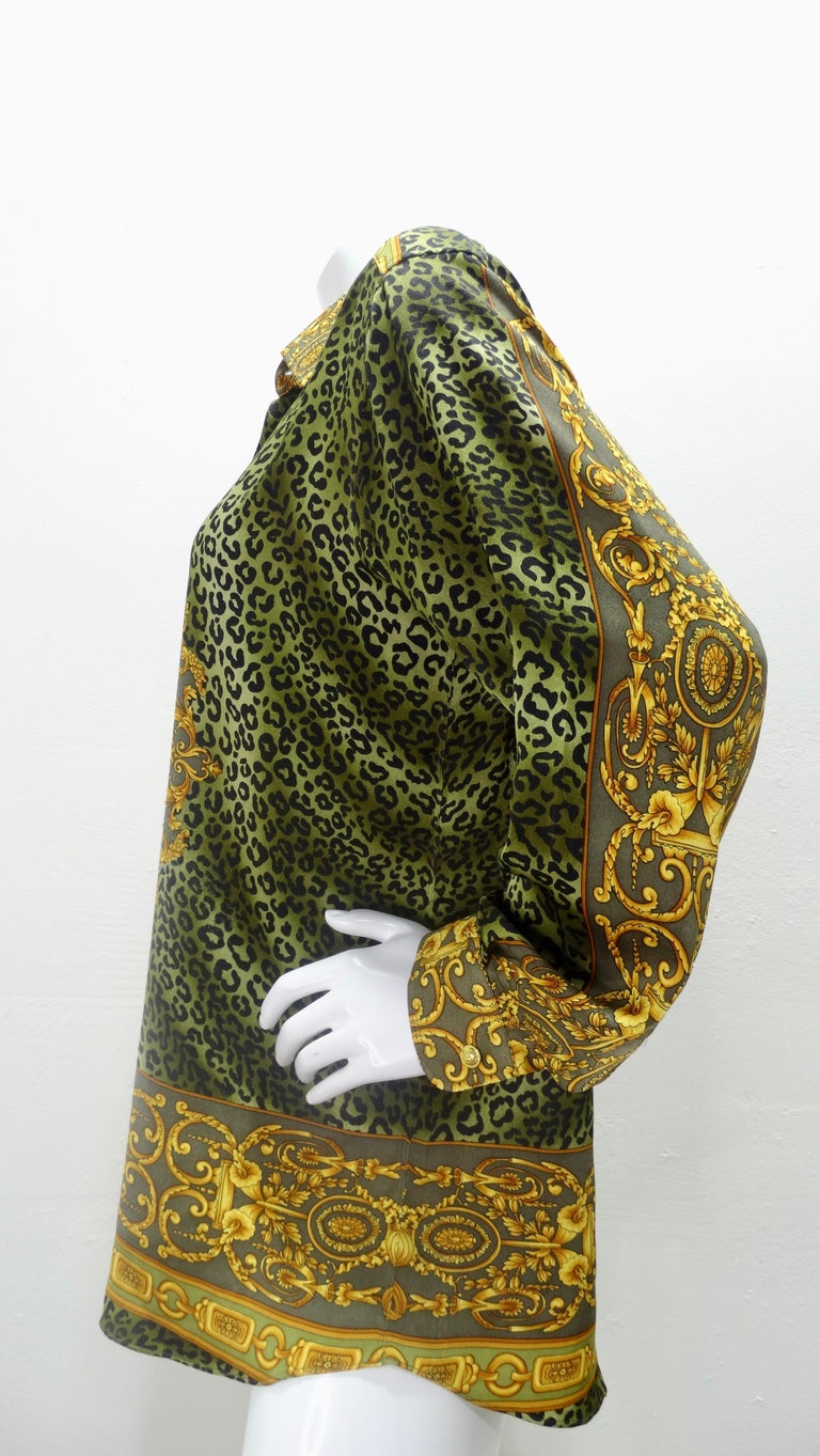 Gianni Versace Baroque Leopard Print Silk Blouse In Good Condition For Sale In Scottsdale, AZ