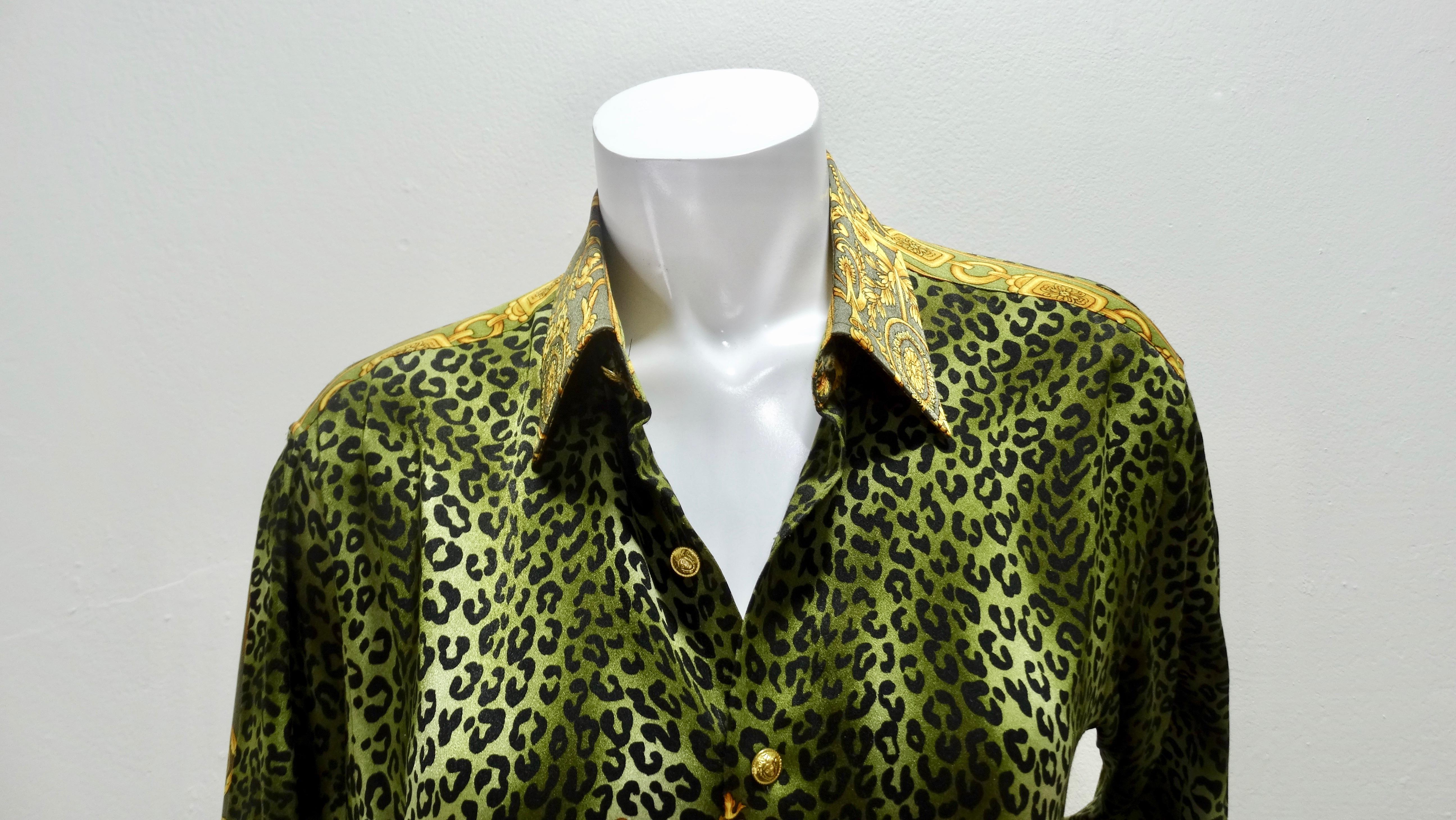 Brown Gianni Versace Baroque Leopard Print Silk Blouse