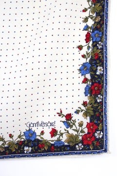 Gianni Versace Beige Blue Silk Polka Dot Floral Scarf 1980s
