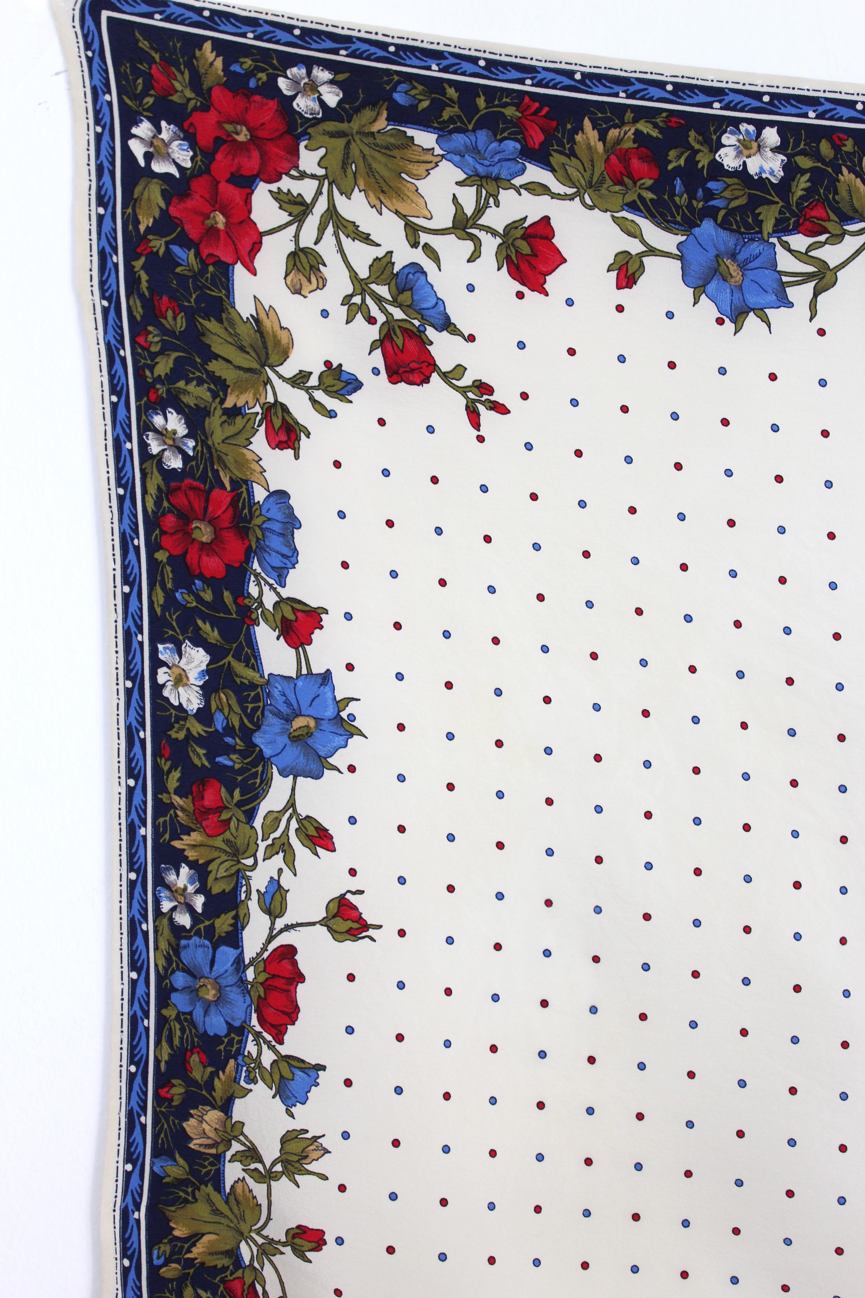 Gray Gianni Versace Beige Blue Silk Polka Dot Floral Scarf 1980s
