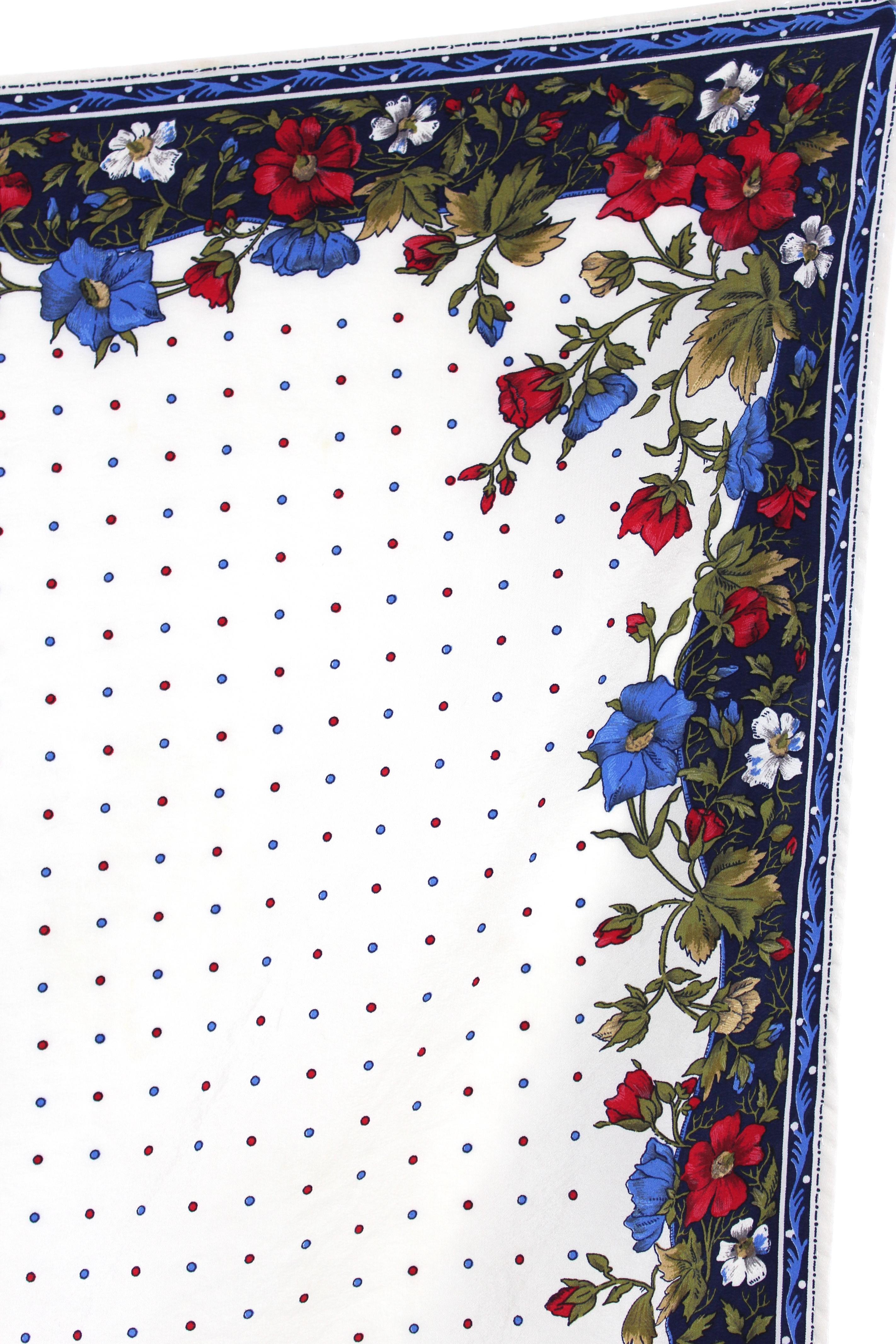 Gianni Versace Beige Blue Silk Polka Dot Floral Scarf 1980s In Good Condition In Brindisi, Bt