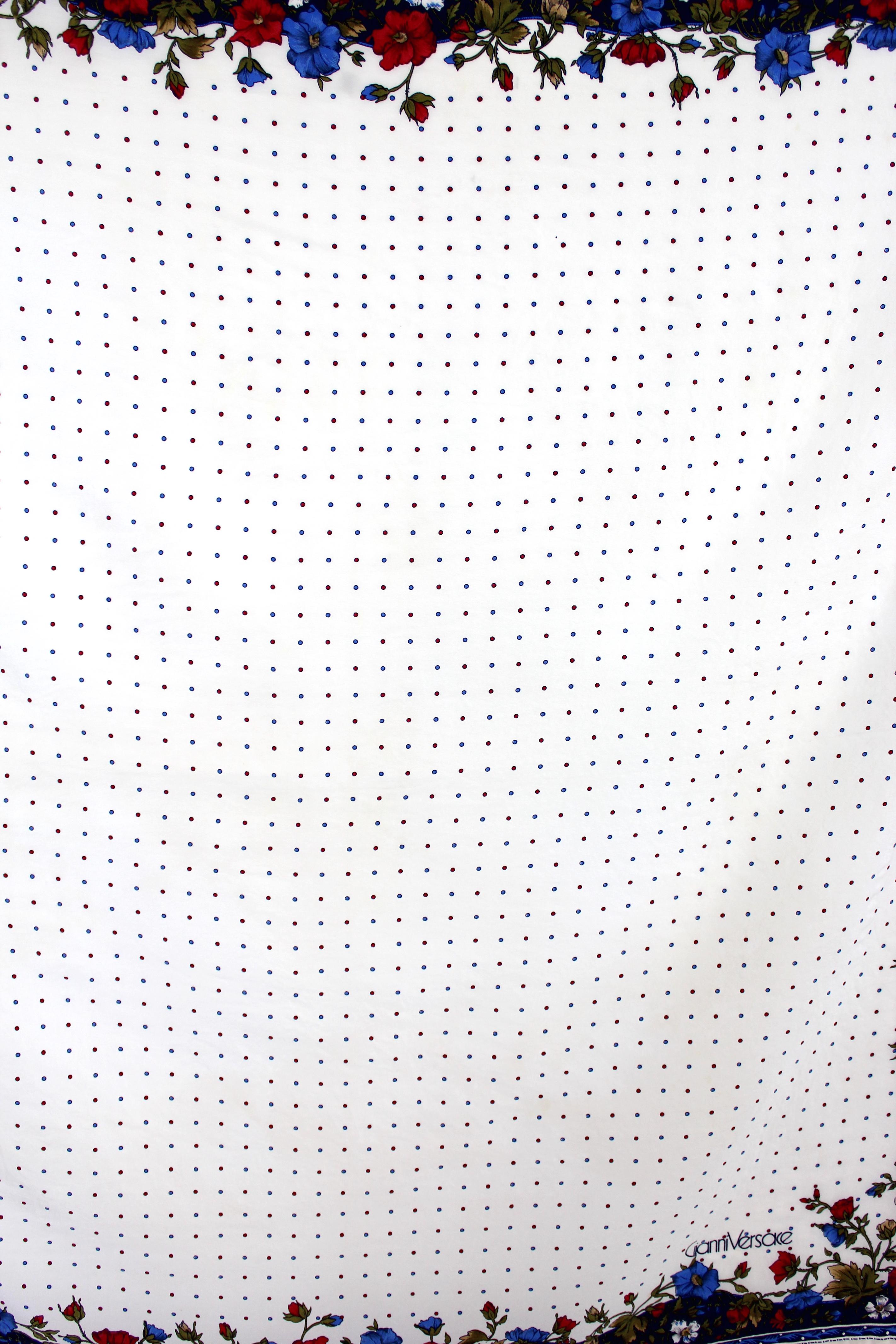 Gianni Versace Beige Blue Silk Polka Dot Floral Scarf 1980s 1