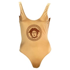  Gianni Versace Beige Bronze Shimmer Medusa Embroidered Bodysuit One Piece Swim